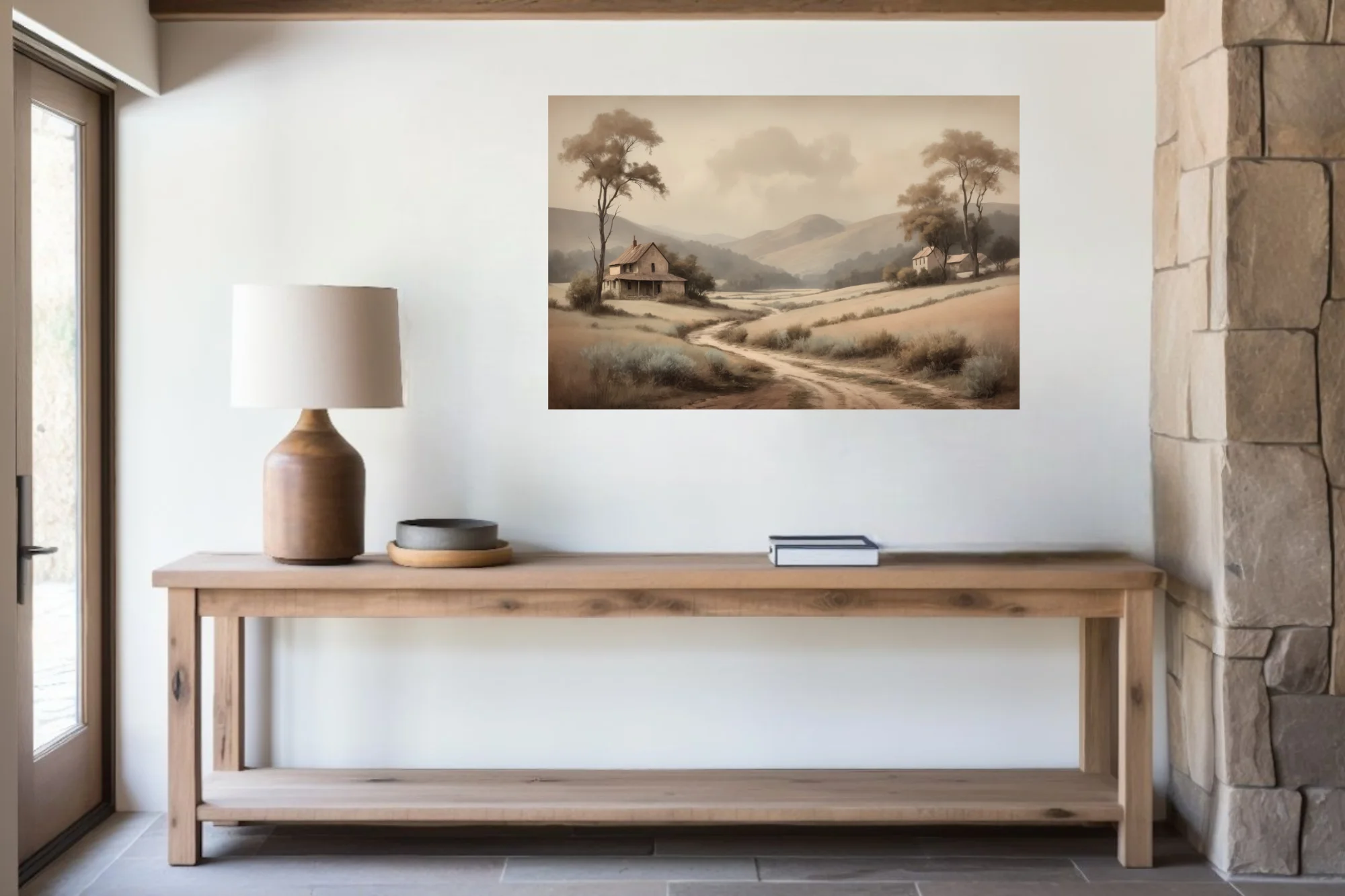 Sepia-toned pastoral countryside landscape with rolling hills, farmhouses, and winding dirt path in soft vintage style
