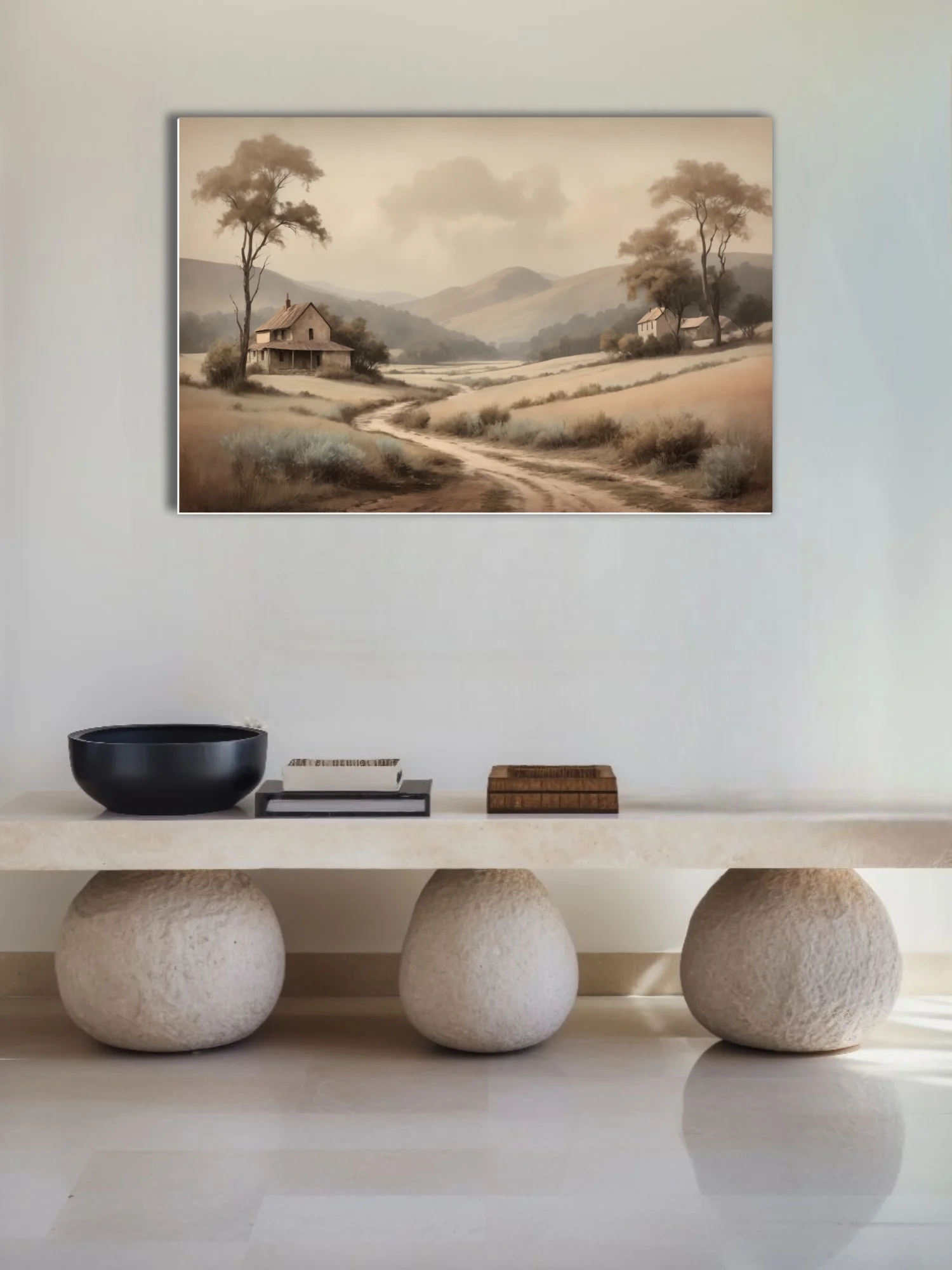 Sepia-toned pastoral countryside landscape with rolling hills, farmhouses, and winding dirt path in soft vintage style