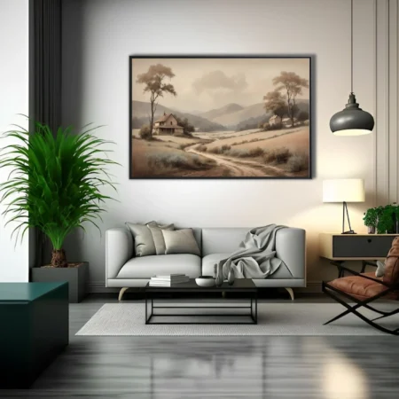 Sepia-toned pastoral countryside landscape with rolling hills, farmhouses, and winding dirt path in soft vintage style