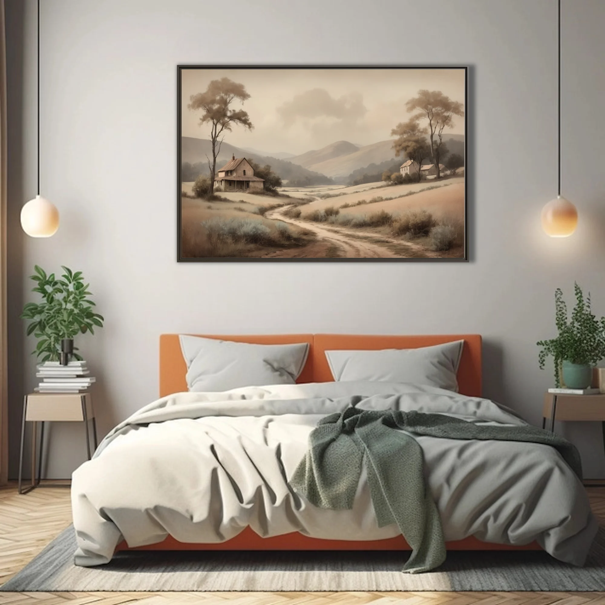 Sepia-toned pastoral countryside landscape with rolling hills, farmhouses, and winding dirt path in soft vintage style