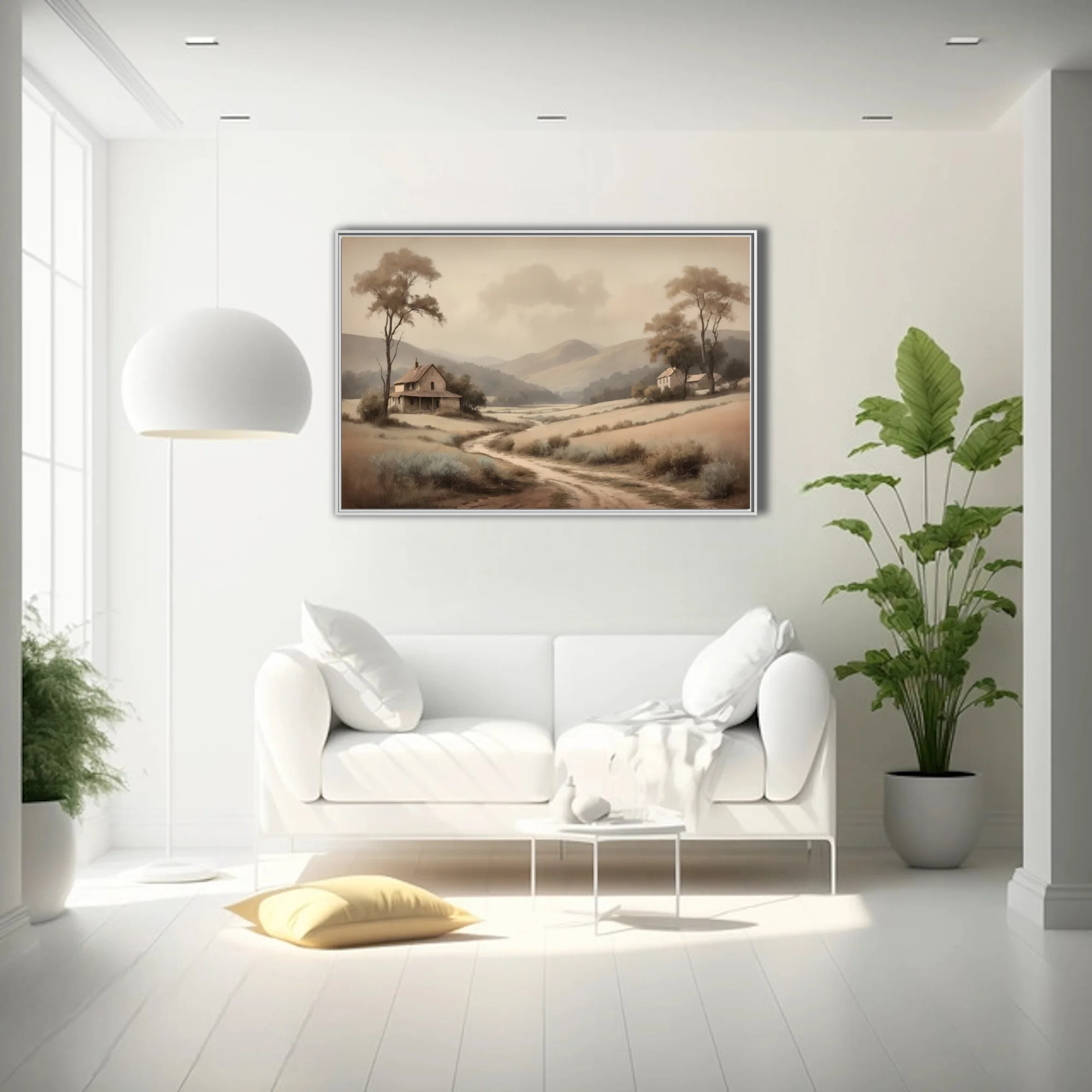 Sepia-toned pastoral countryside landscape with rolling hills, farmhouses, and winding dirt path in soft vintage style
