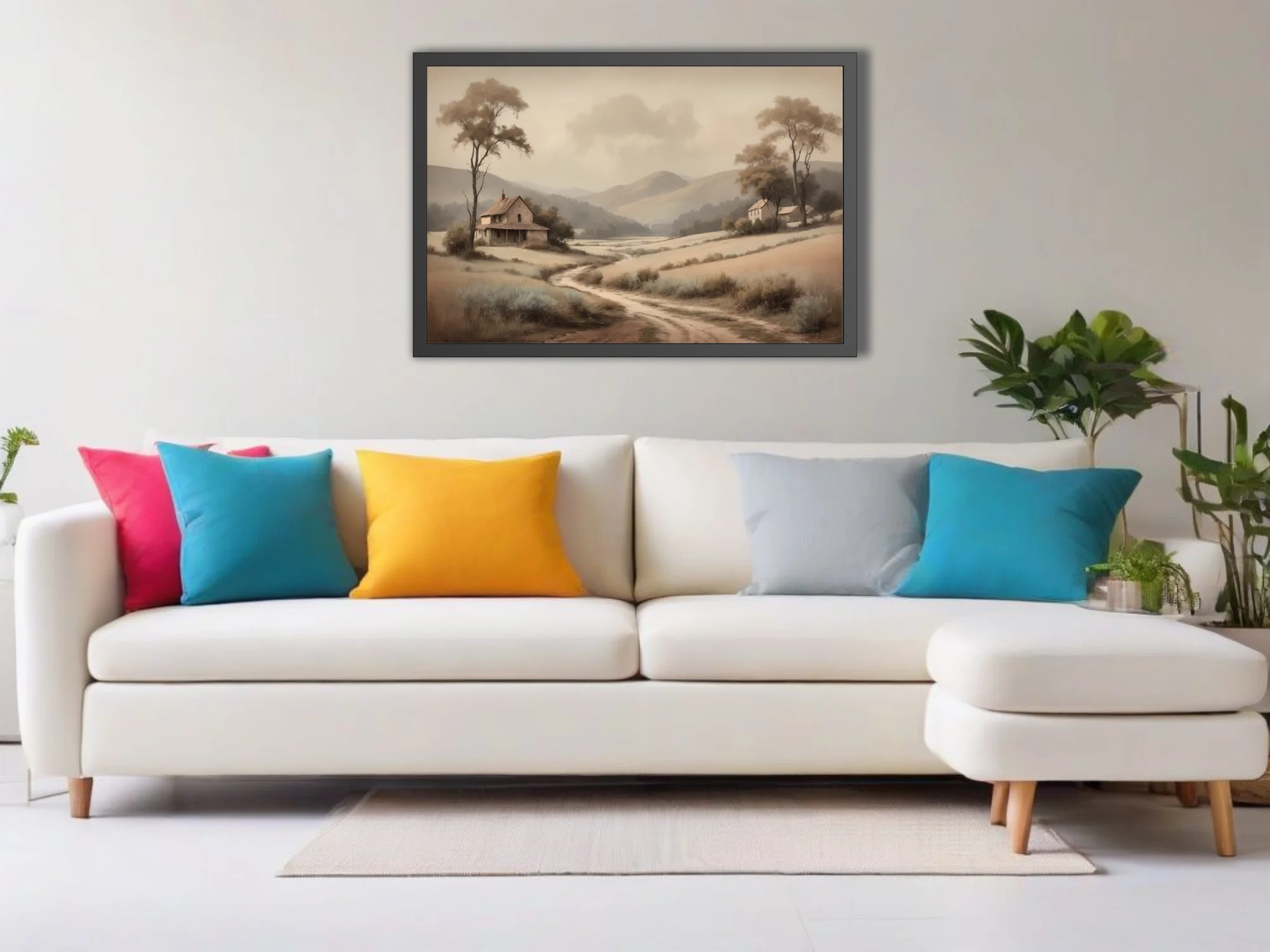 Sepia-toned pastoral countryside landscape with rolling hills, farmhouses, and winding dirt path in soft vintage style