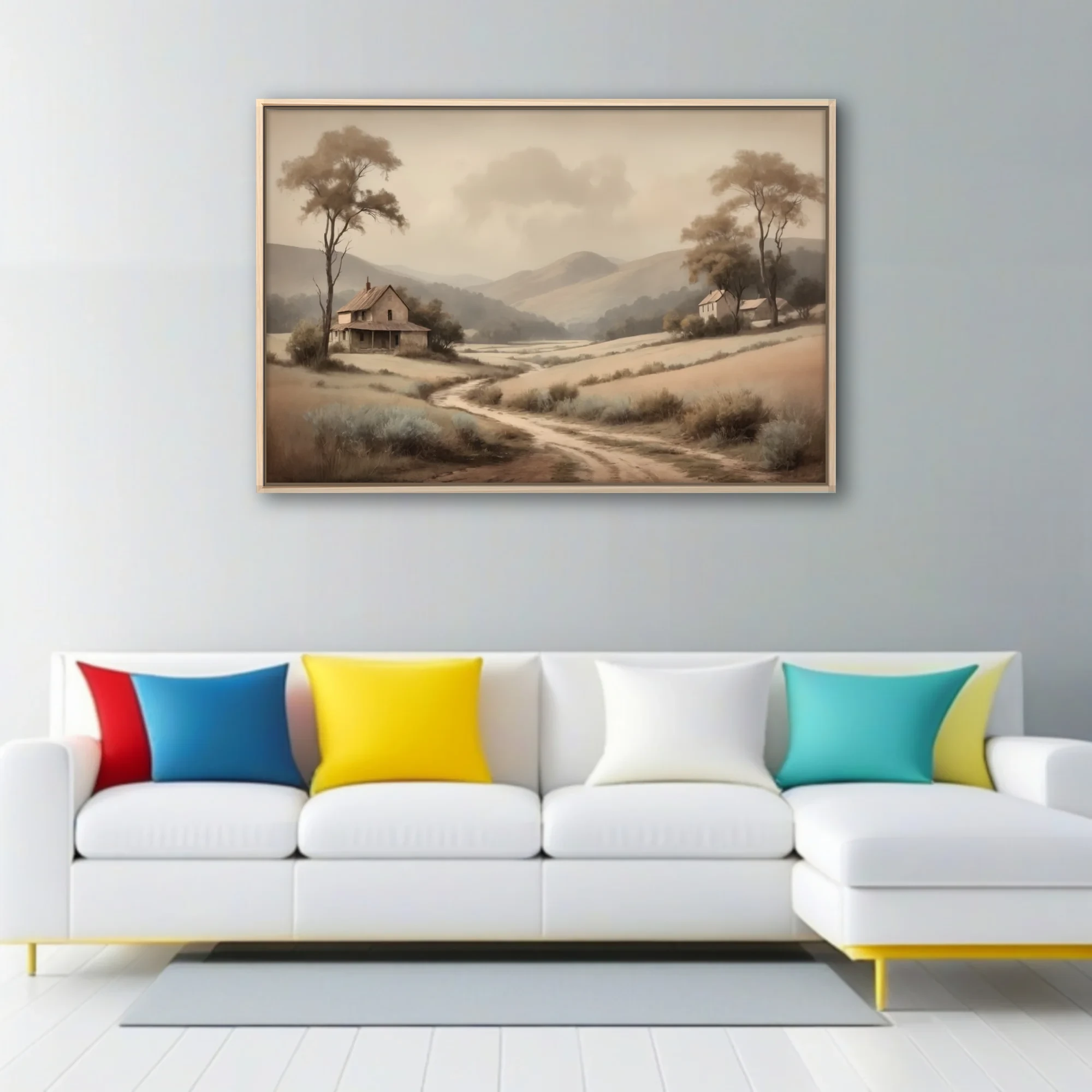 Sepia-toned pastoral countryside landscape with rolling hills, farmhouses, and winding dirt path in soft vintage style