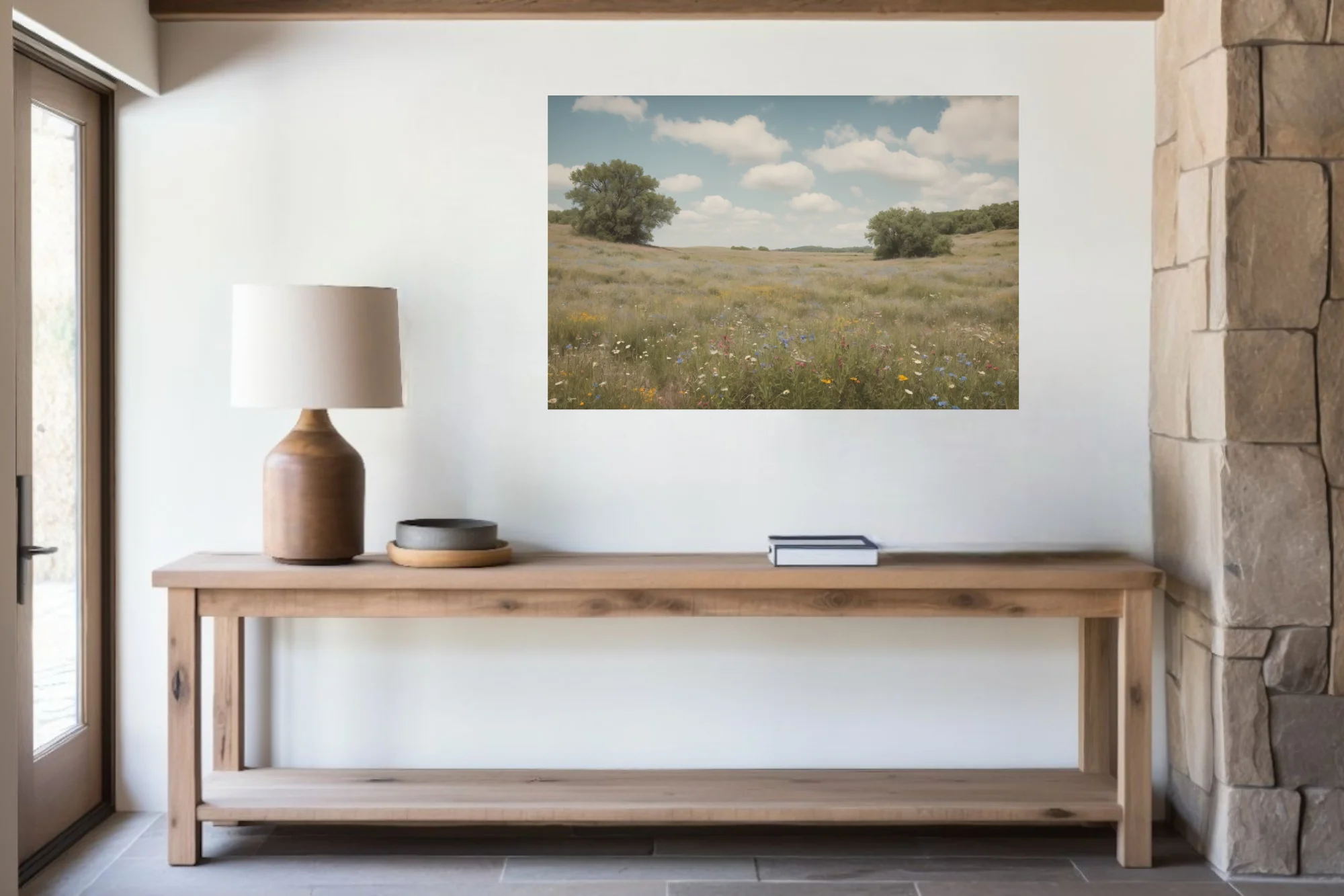 Vintage-toned wildflower meadow with rolling hills and soft cloudy sky
