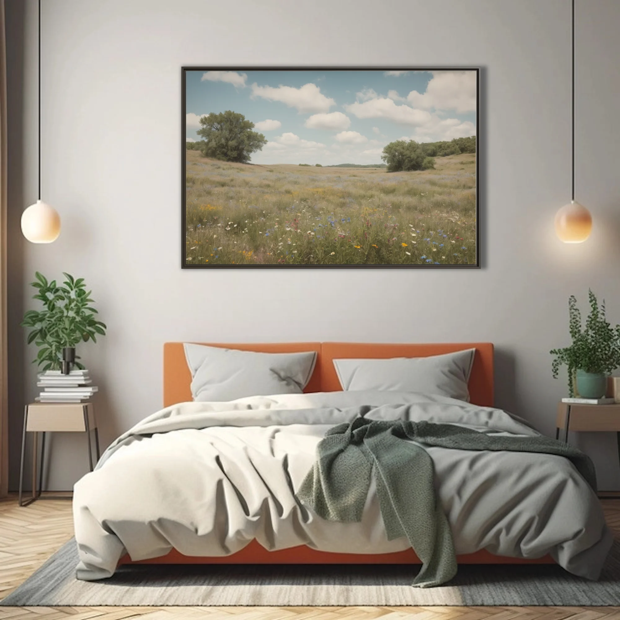 Vintage-toned wildflower meadow with rolling hills and soft cloudy sky