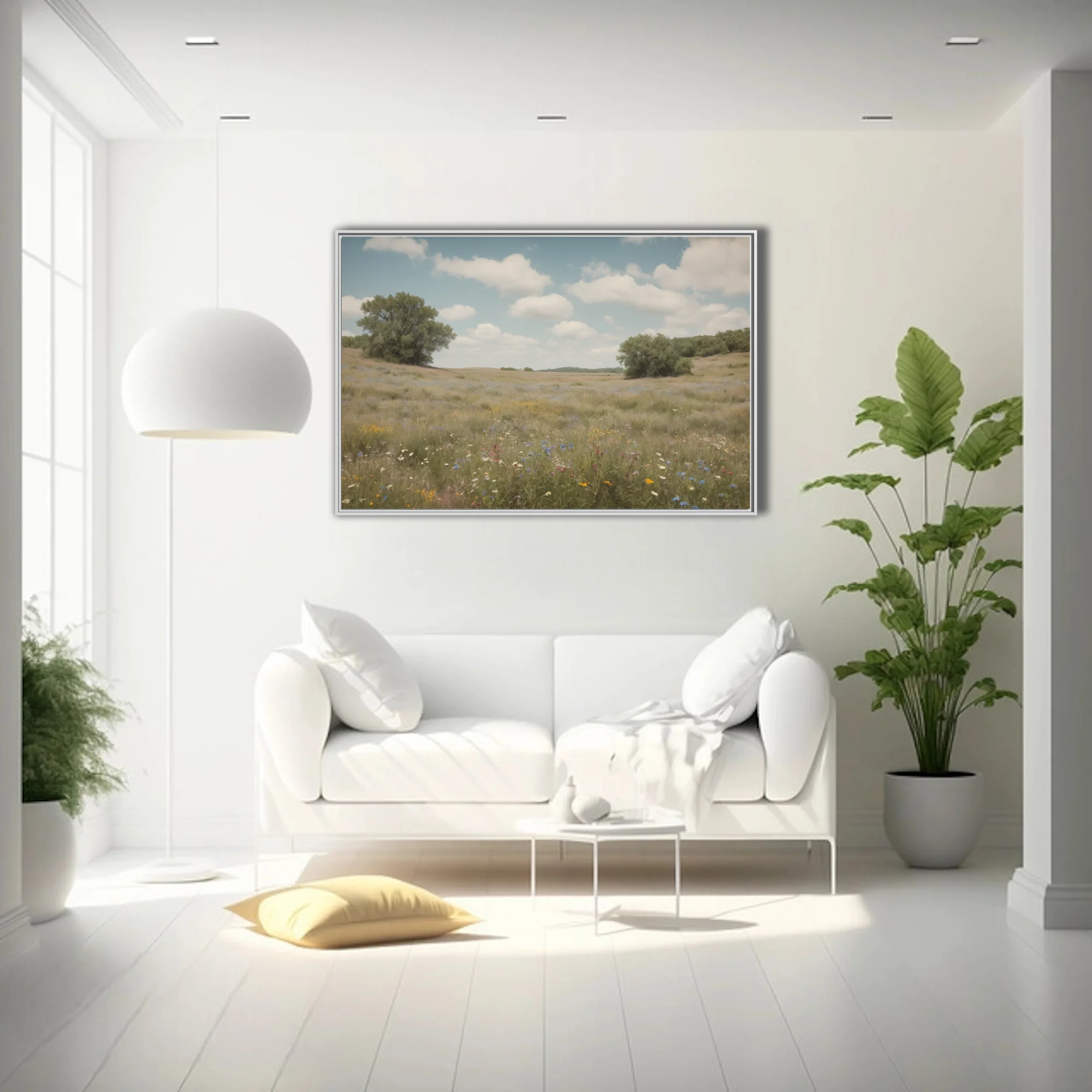Vintage-toned wildflower meadow with rolling hills and soft cloudy sky