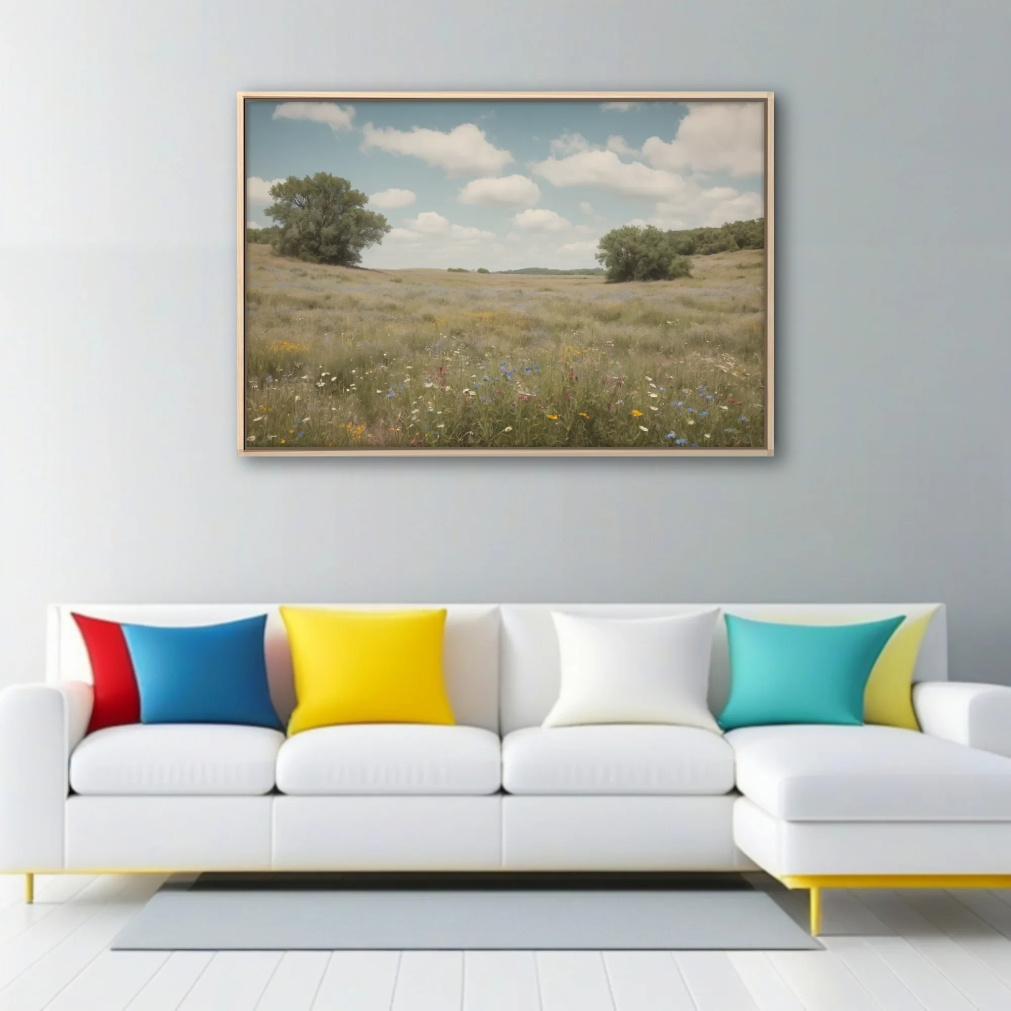 Vintage-toned wildflower meadow with rolling hills and soft cloudy sky