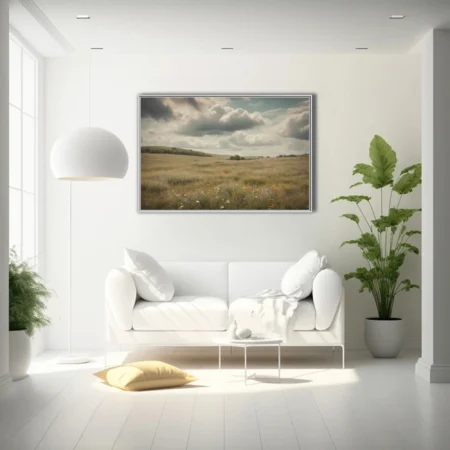 Wildflower meadow under dramatic cloudy sky, muted pastoral landscape with rolling hills