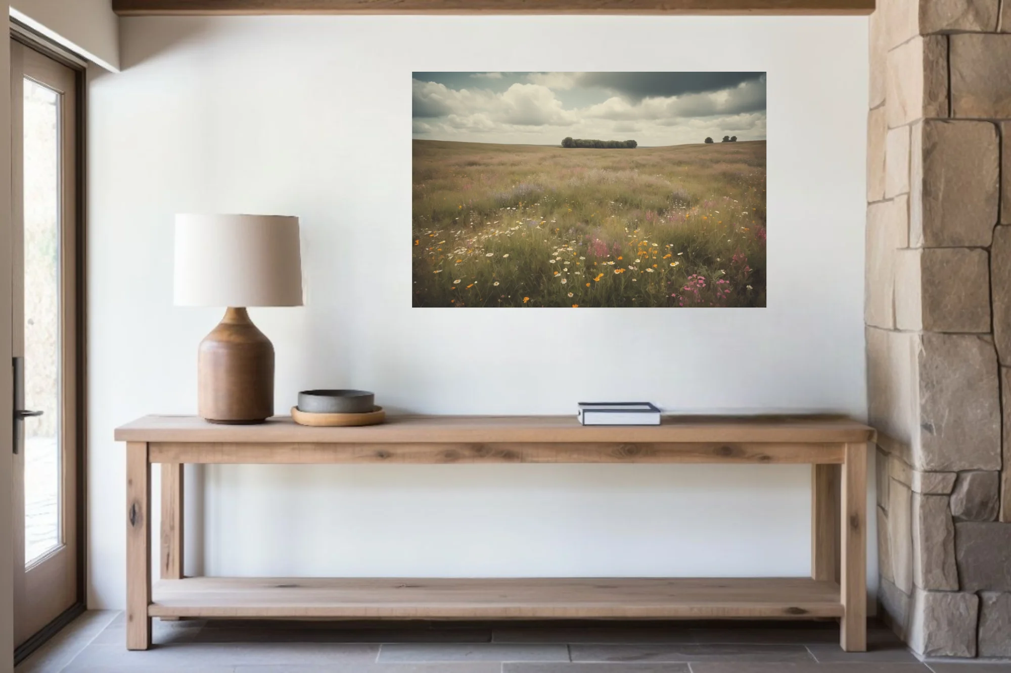 Vintage-toned wildflower meadow landscape with moody cloudy sky, rustic pastoral wall art