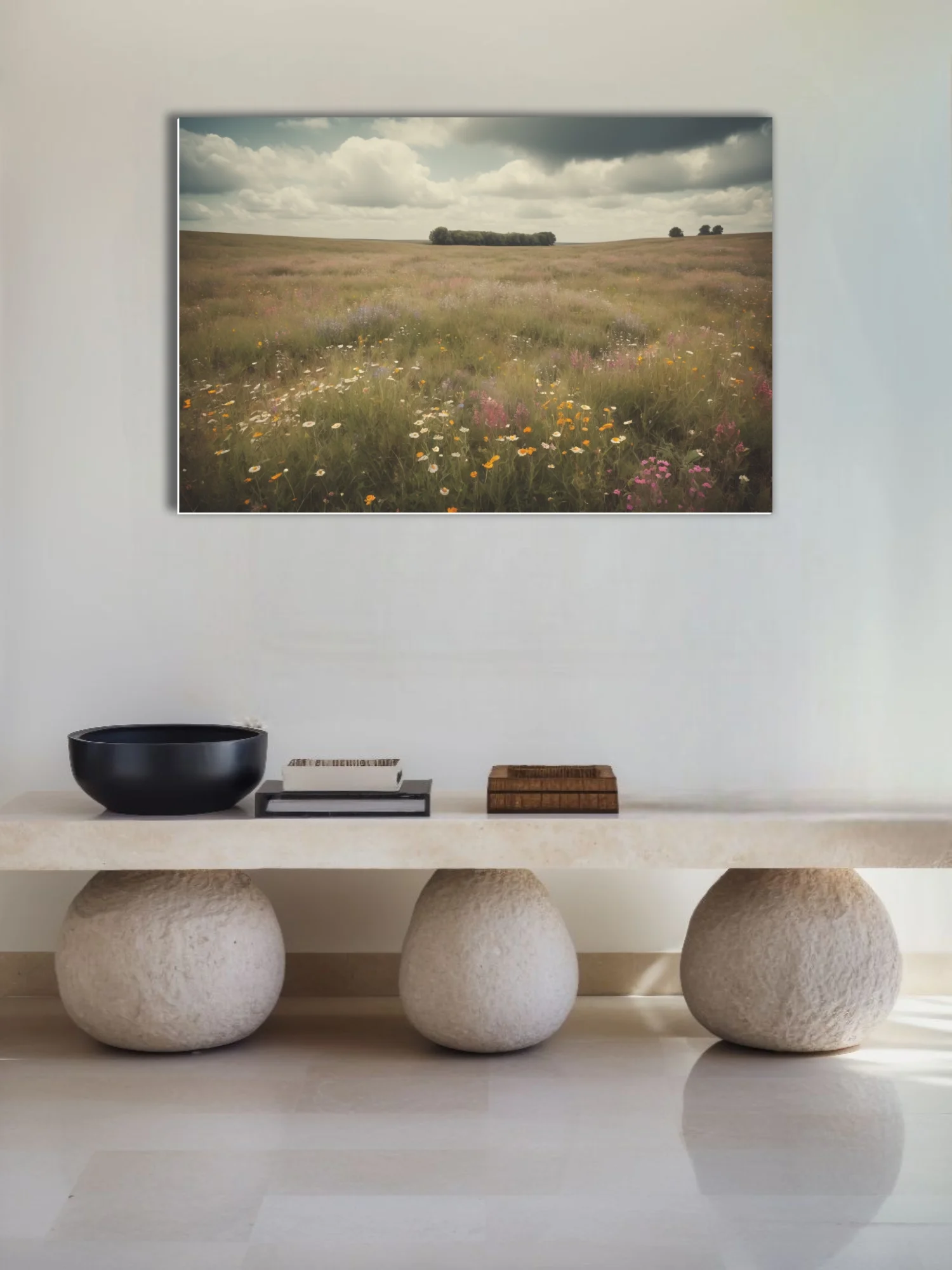 Vintage-toned wildflower meadow landscape with moody cloudy sky, rustic pastoral wall art