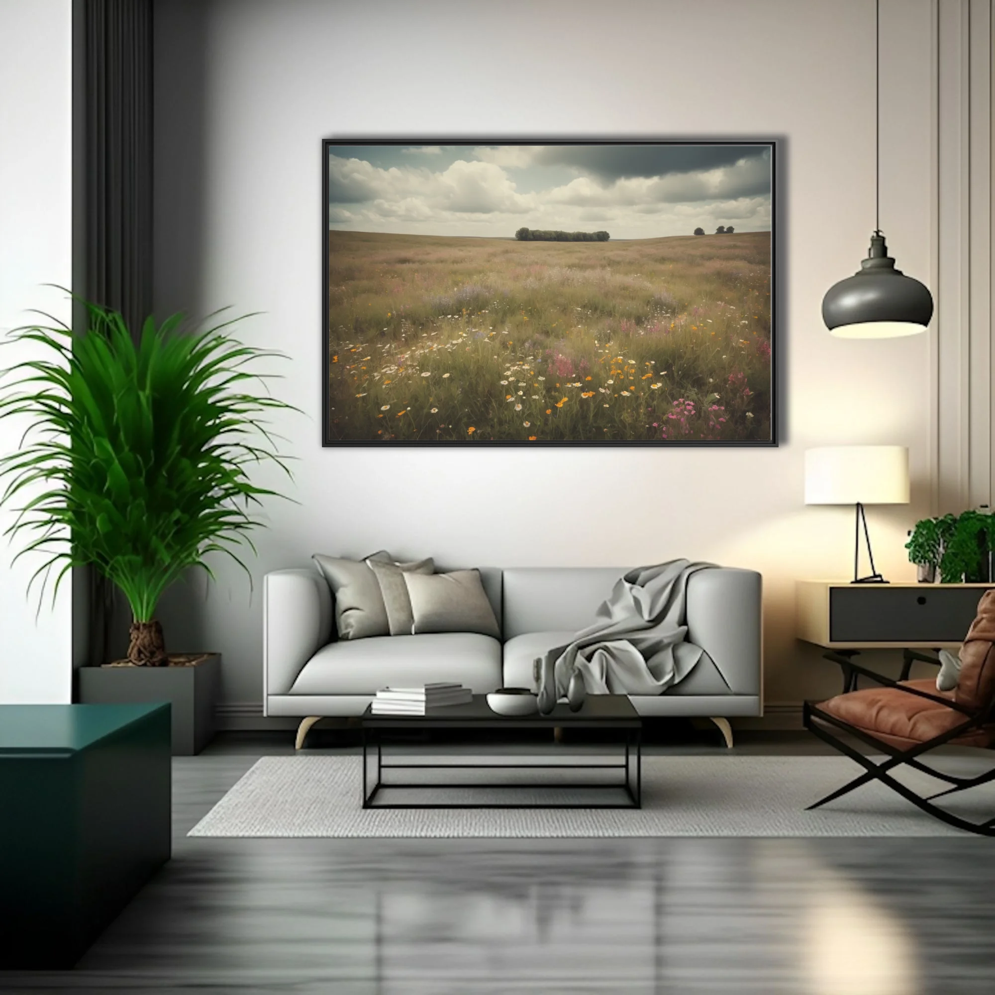 Vintage-toned wildflower meadow landscape with moody cloudy sky, rustic pastoral wall art
