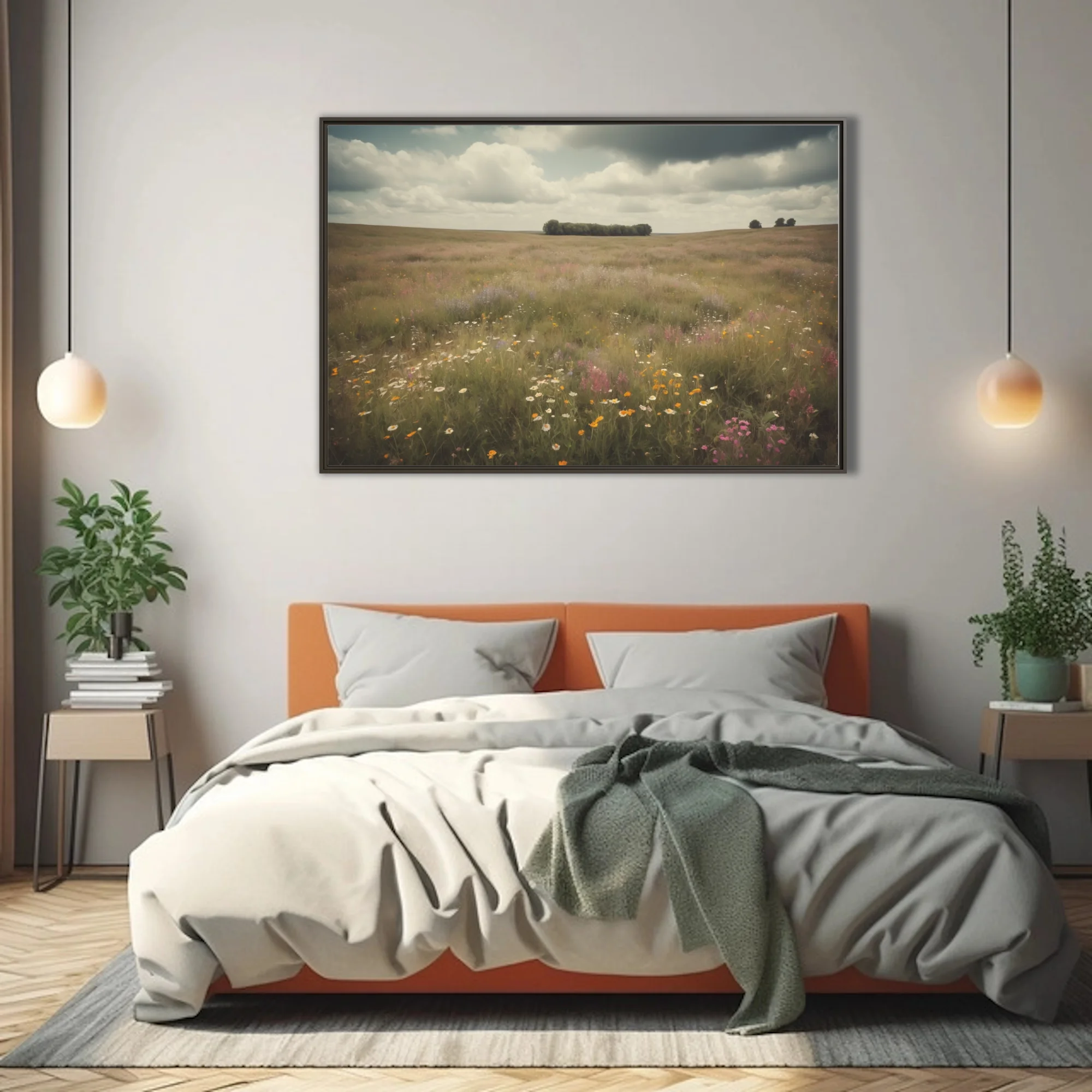 Vintage-toned wildflower meadow landscape with moody cloudy sky, rustic pastoral wall art
