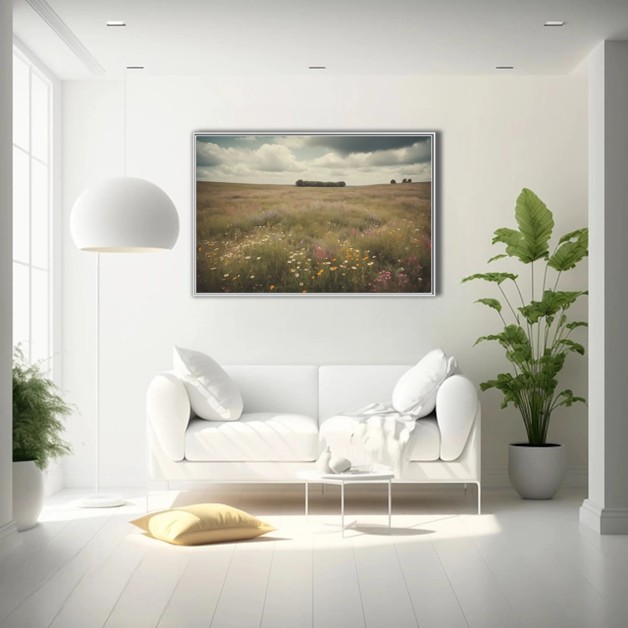 Vintage-toned wildflower meadow landscape with moody cloudy sky, rustic pastoral wall art