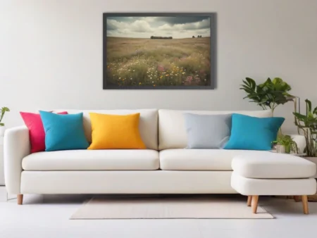 Vintage-toned wildflower meadow landscape with moody cloudy sky, rustic pastoral wall art
