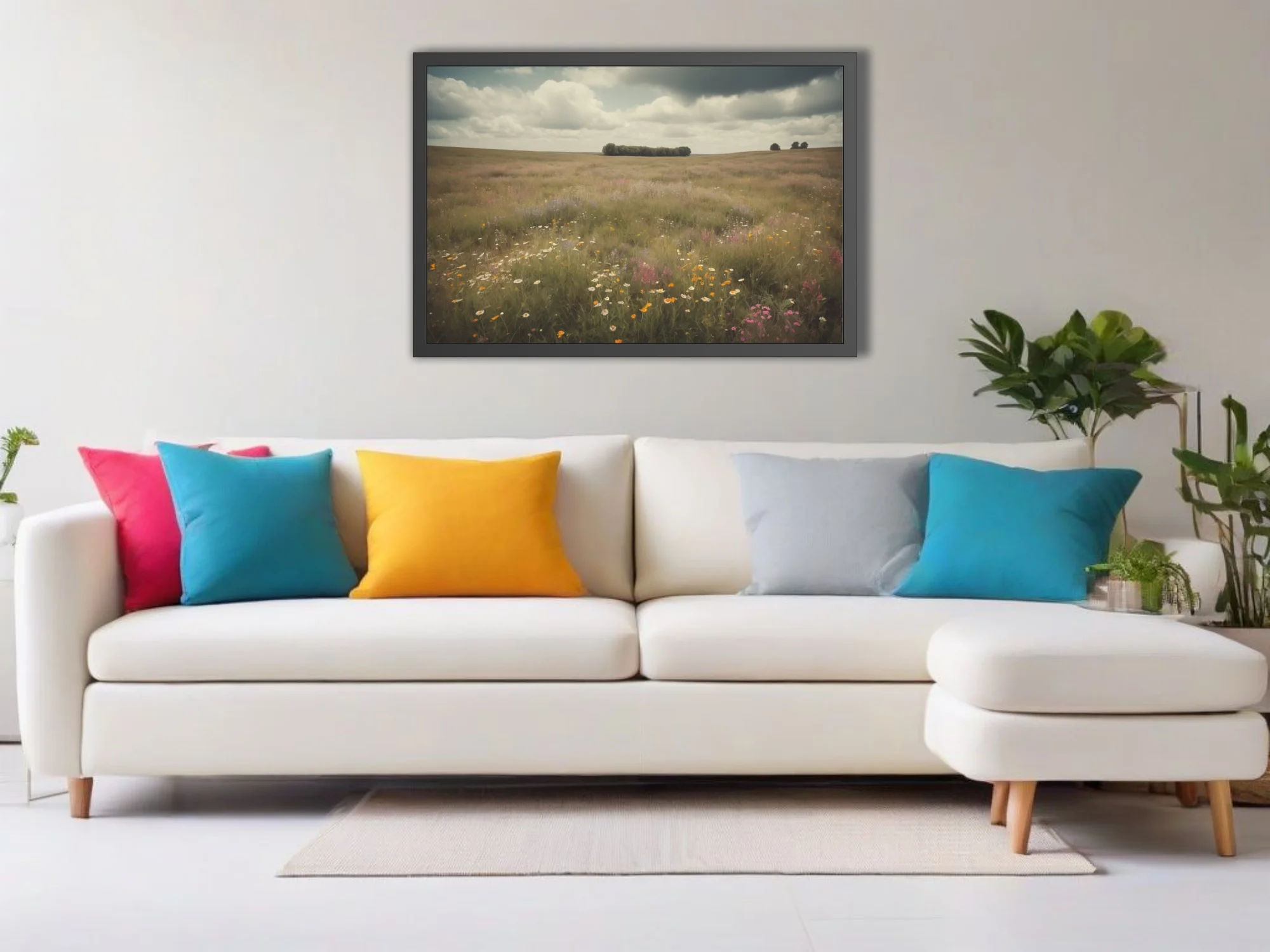 Vintage-toned wildflower meadow landscape with moody cloudy sky, rustic pastoral wall art
