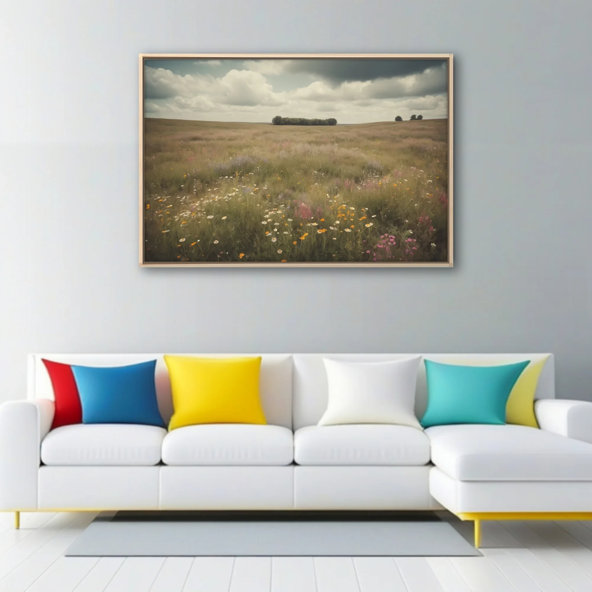 Vintage-toned wildflower meadow landscape with moody cloudy sky, rustic pastoral wall art