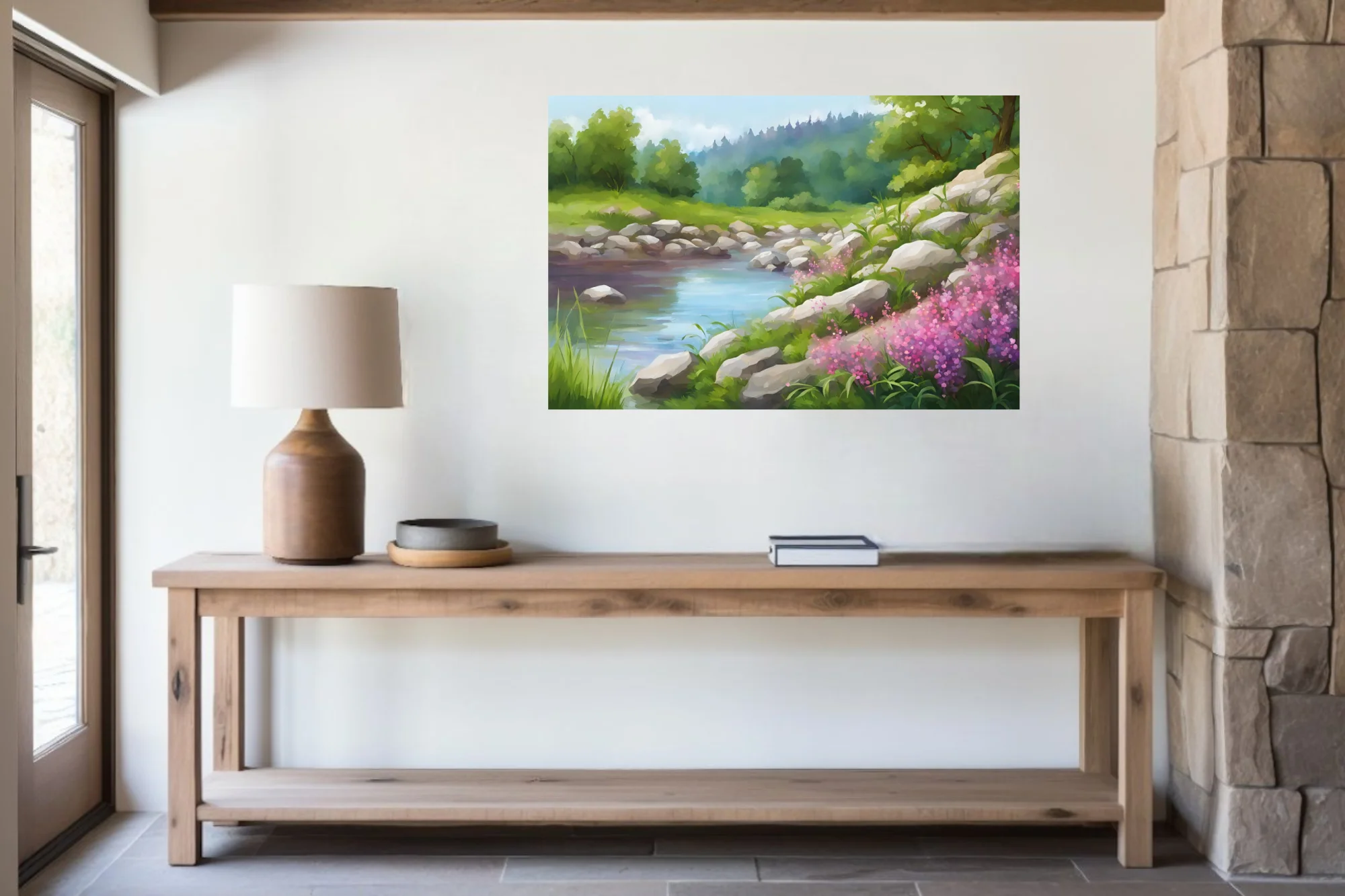 Soft-focus pastoral landscape with stream, stones, and pink wildflowers in green meadow