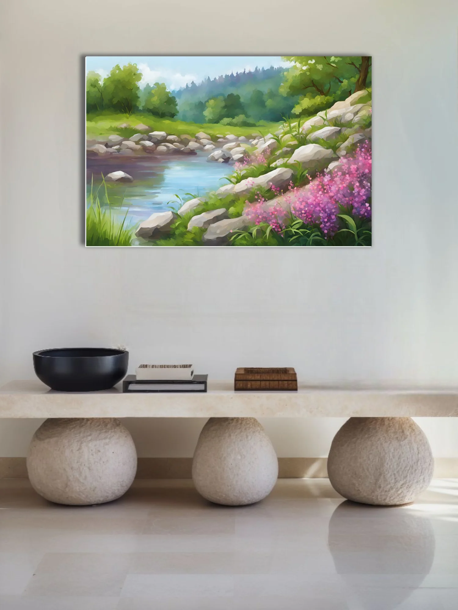 Soft-focus pastoral landscape with stream, stones, and pink wildflowers in green meadow