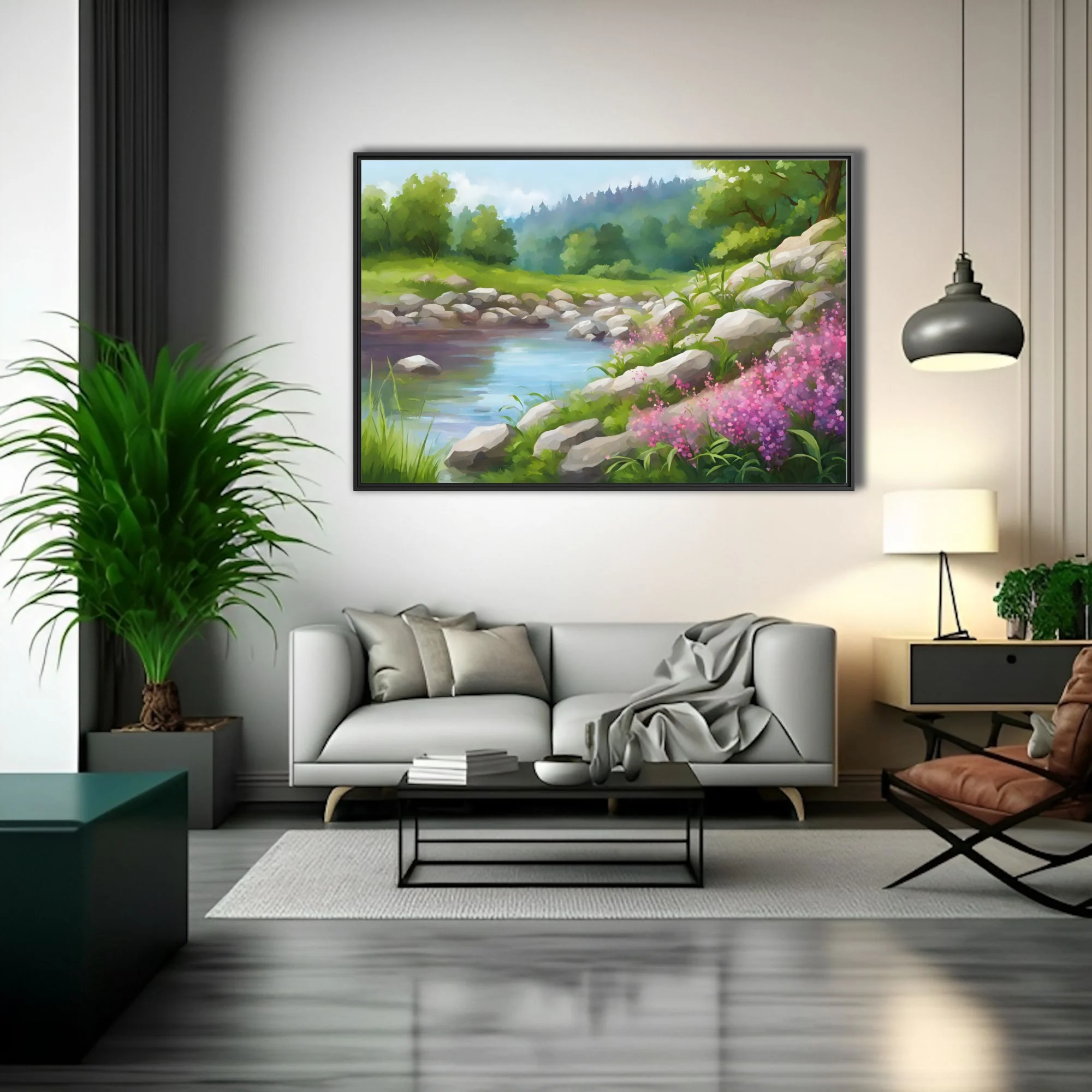 Soft-focus pastoral landscape with stream, stones, and pink wildflowers in green meadow