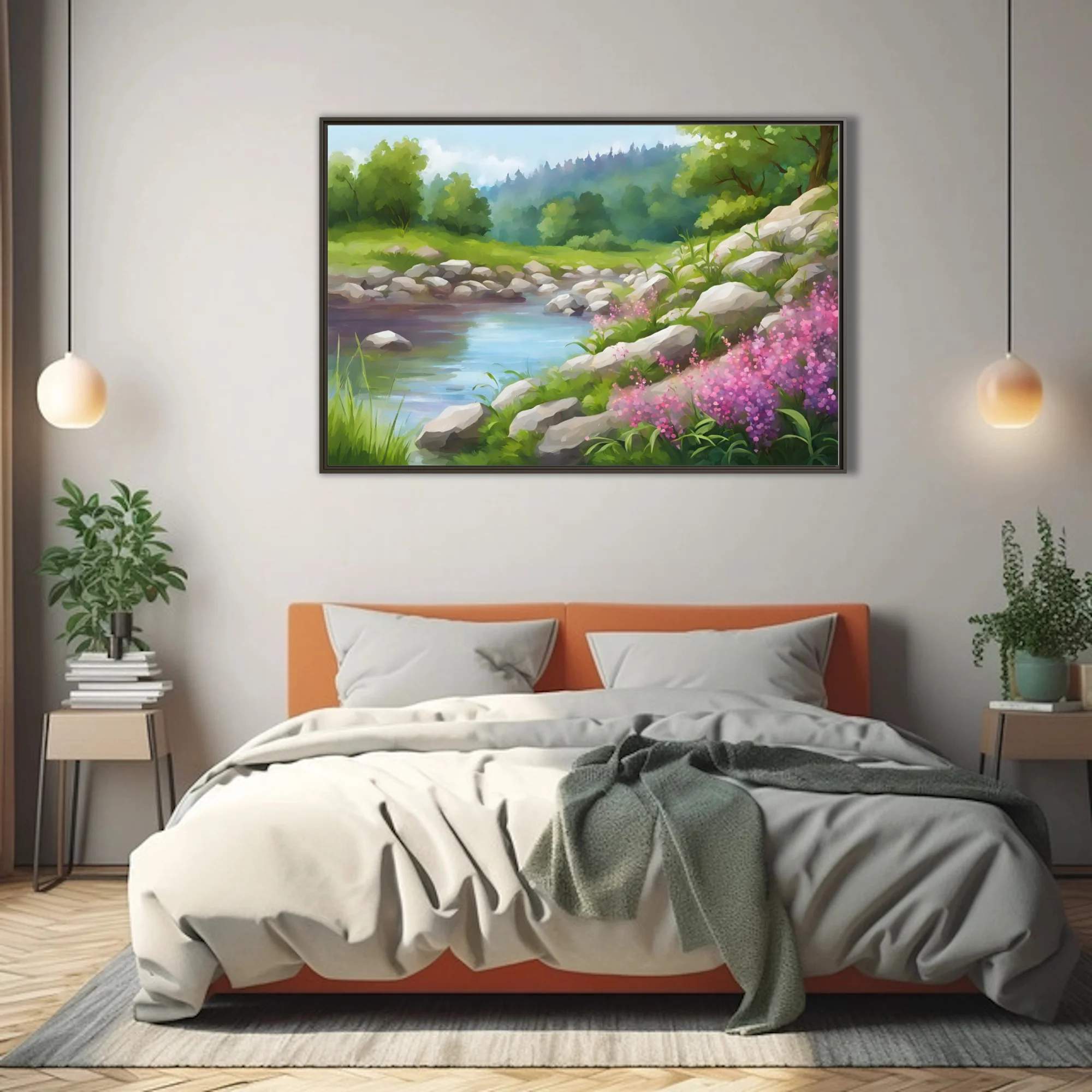 Soft-focus pastoral landscape with stream, stones, and pink wildflowers in green meadow