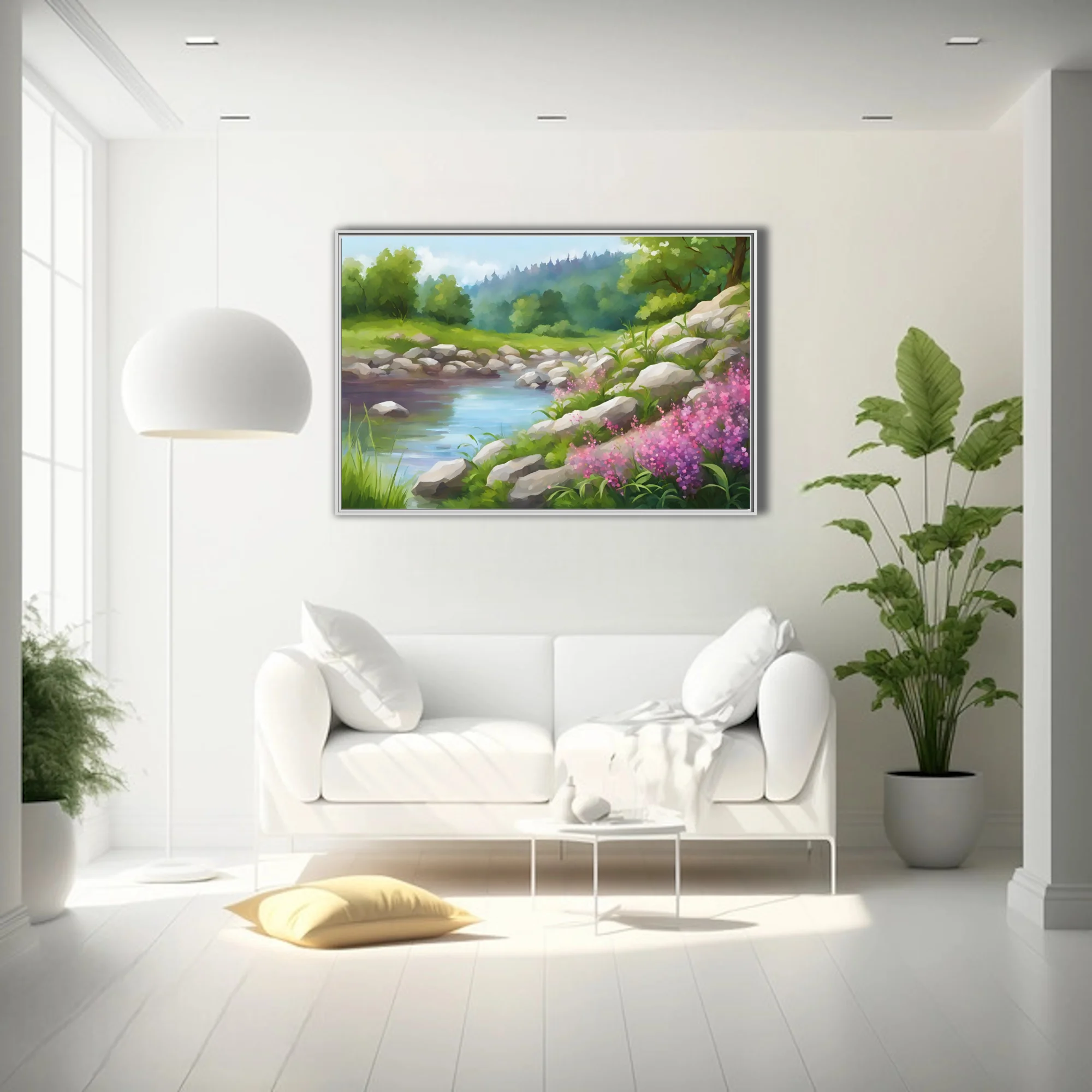 Soft-focus pastoral landscape with stream, stones, and pink wildflowers in green meadow