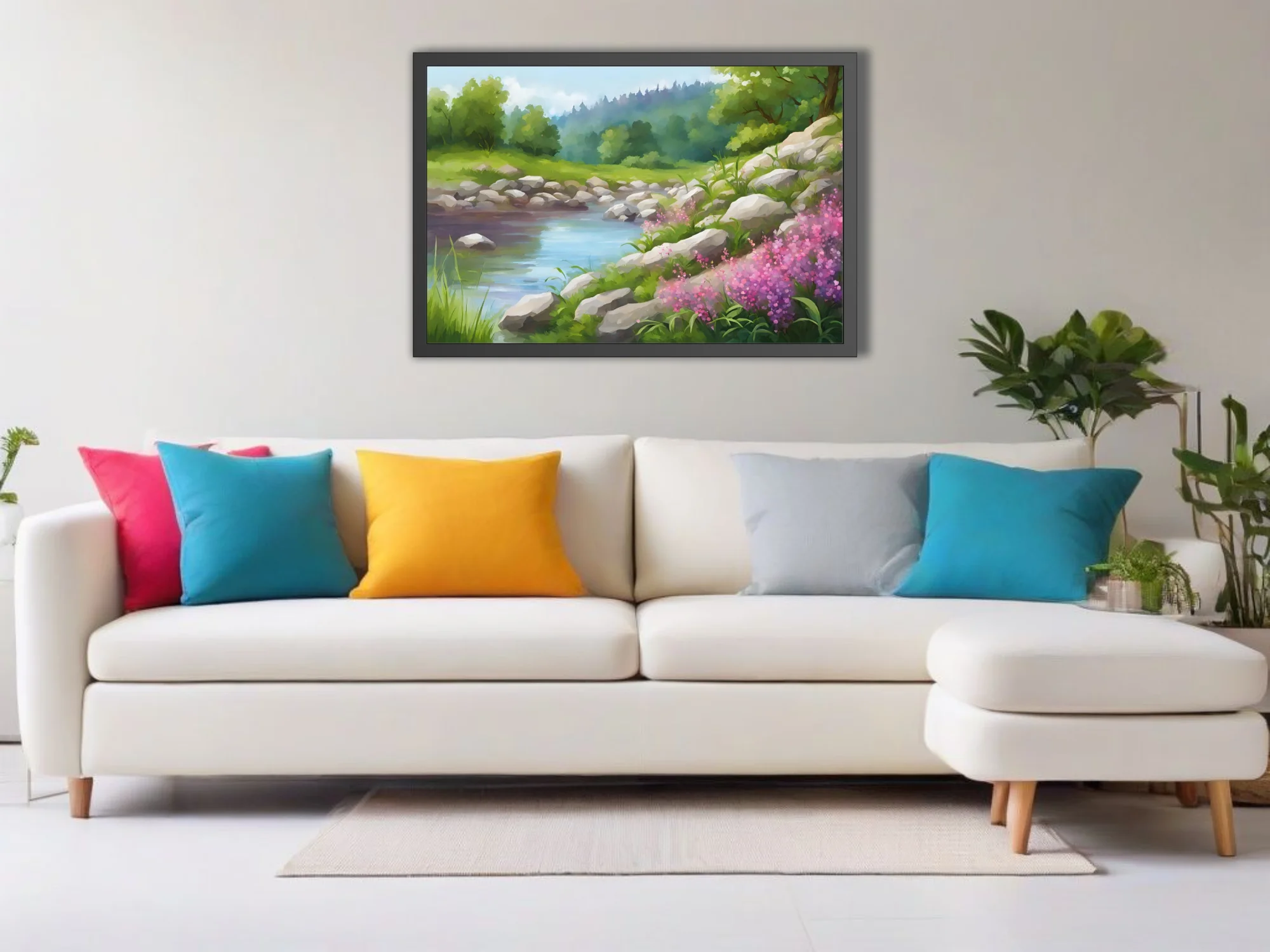 Soft-focus pastoral landscape with stream, stones, and pink wildflowers in green meadow