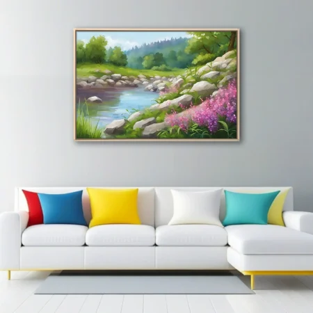 Soft-focus pastoral landscape with stream, stones, and pink wildflowers in green meadow
