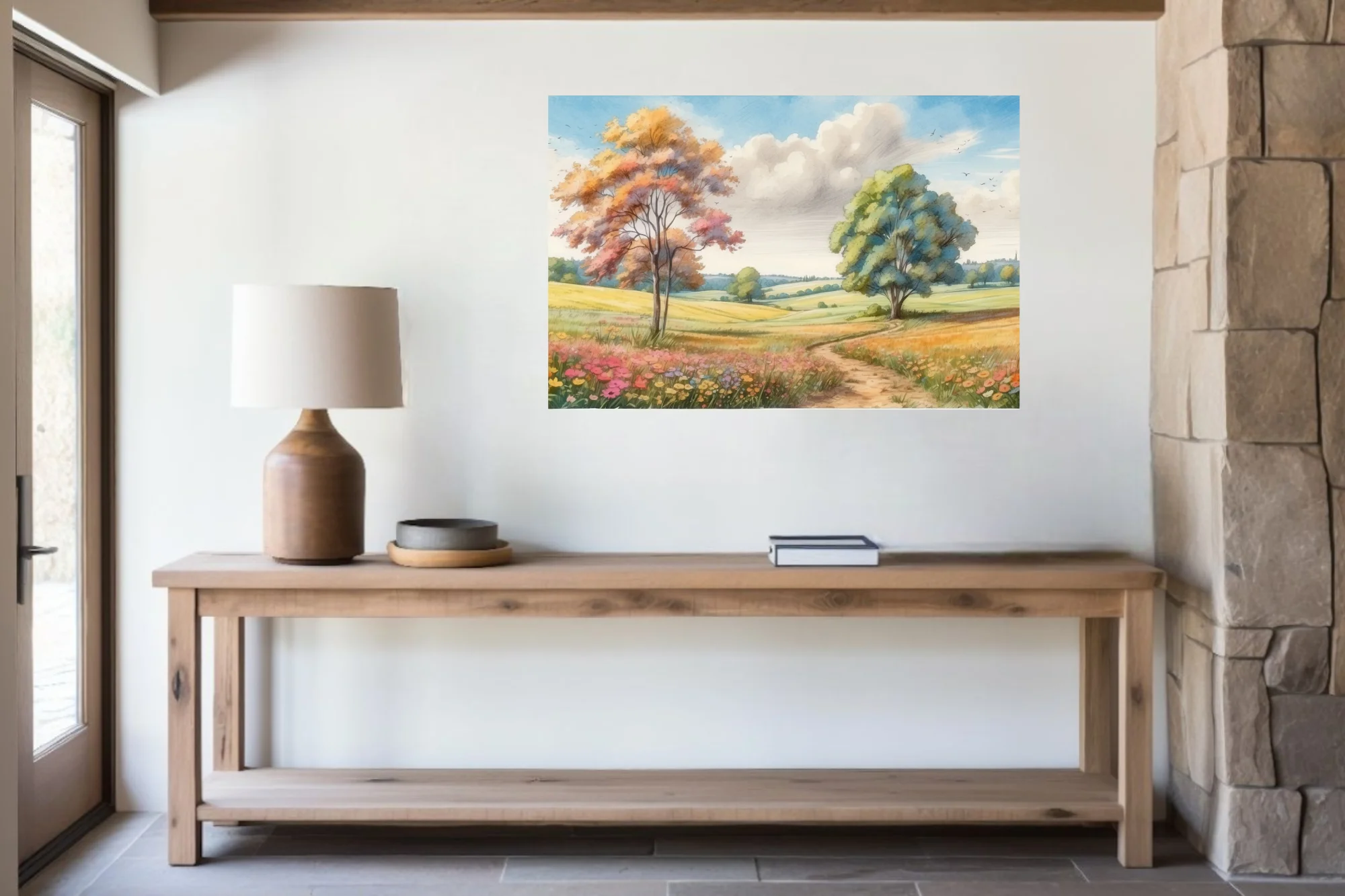 Watercolor-style countryside landscape with colorful trees, wildflowers, and winding path