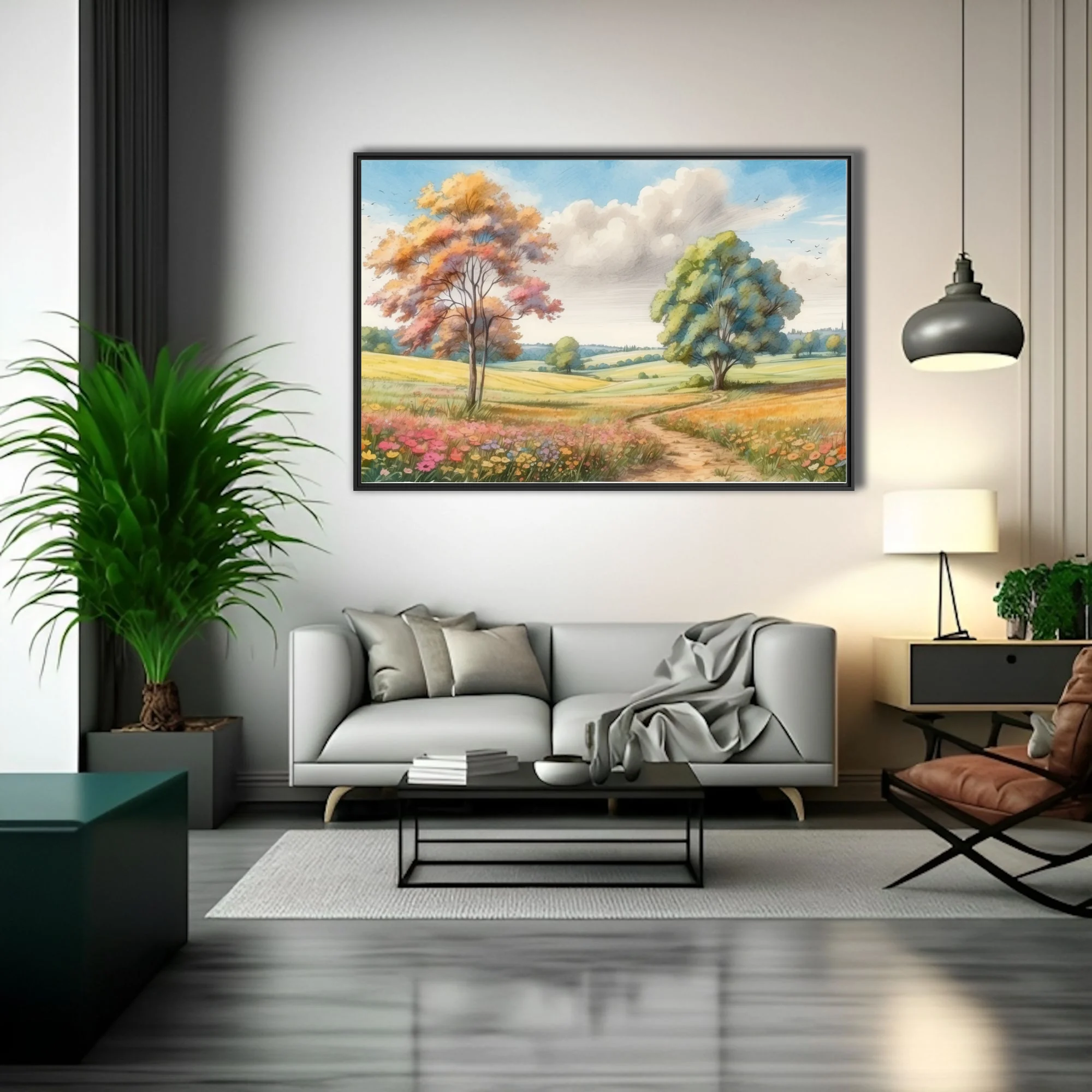 Watercolor-style countryside landscape with colorful trees, wildflowers, and winding path