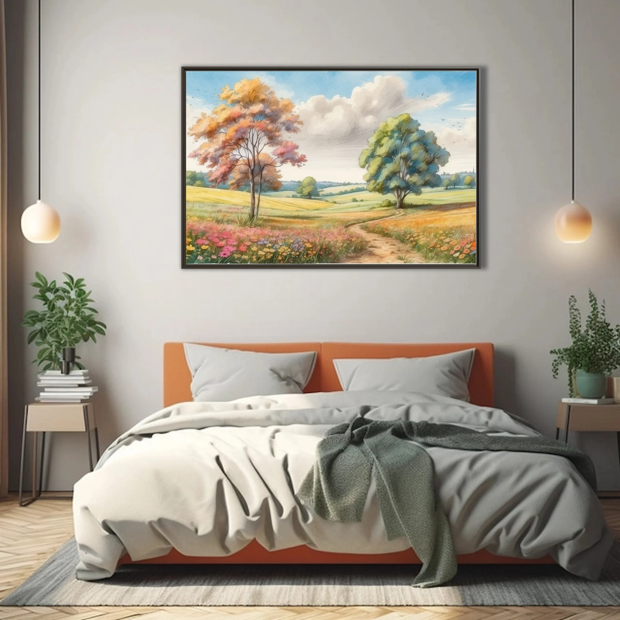 Watercolor-style countryside landscape with colorful trees, wildflowers, and winding path