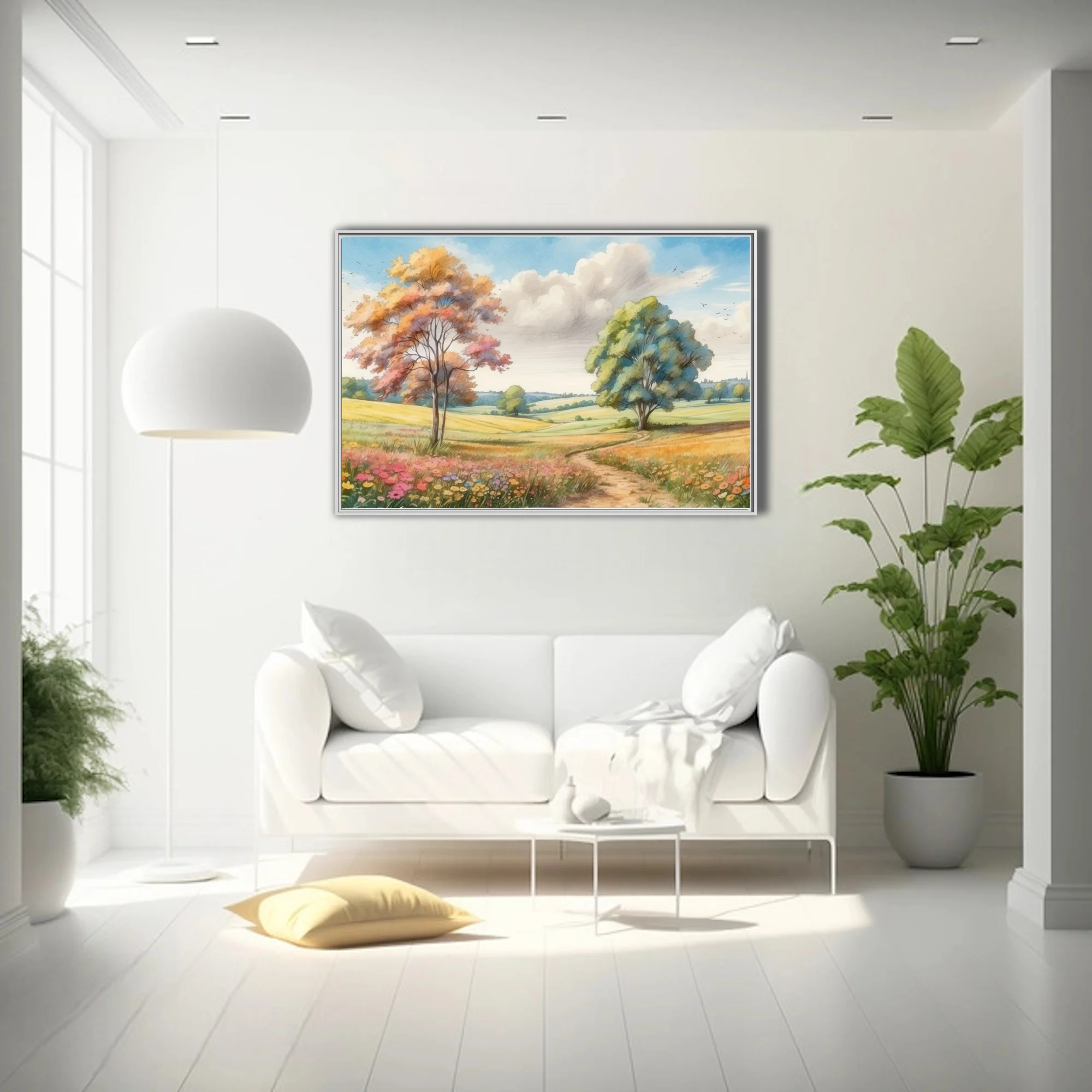Watercolor-style countryside landscape with colorful trees, wildflowers, and winding path