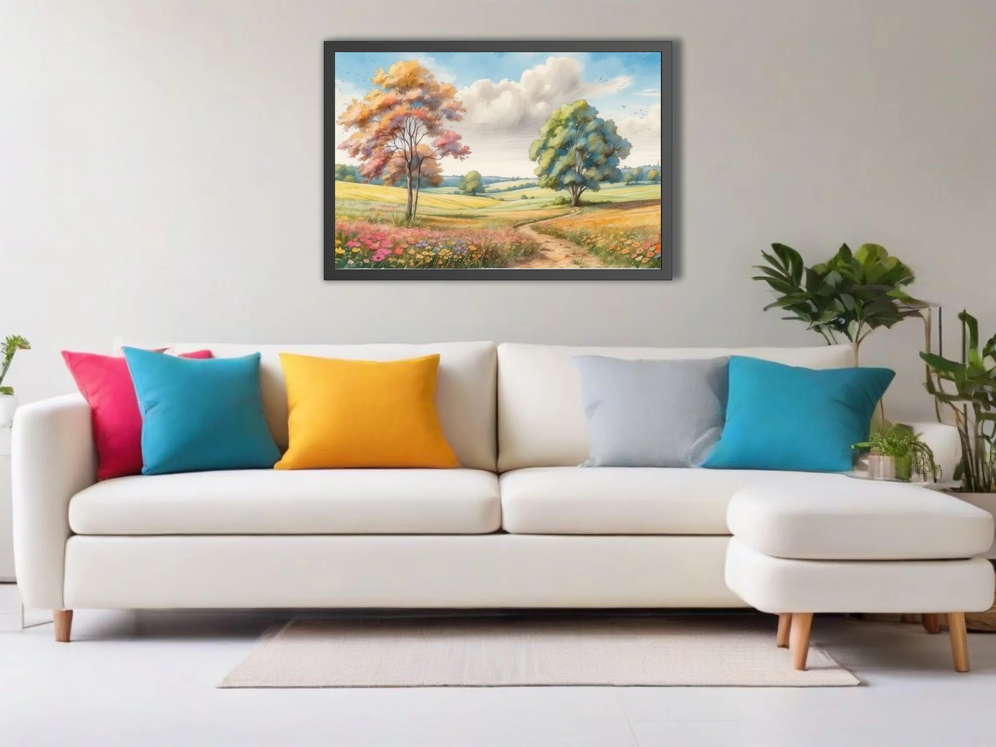 Watercolor-style countryside landscape with colorful trees, wildflowers, and winding path