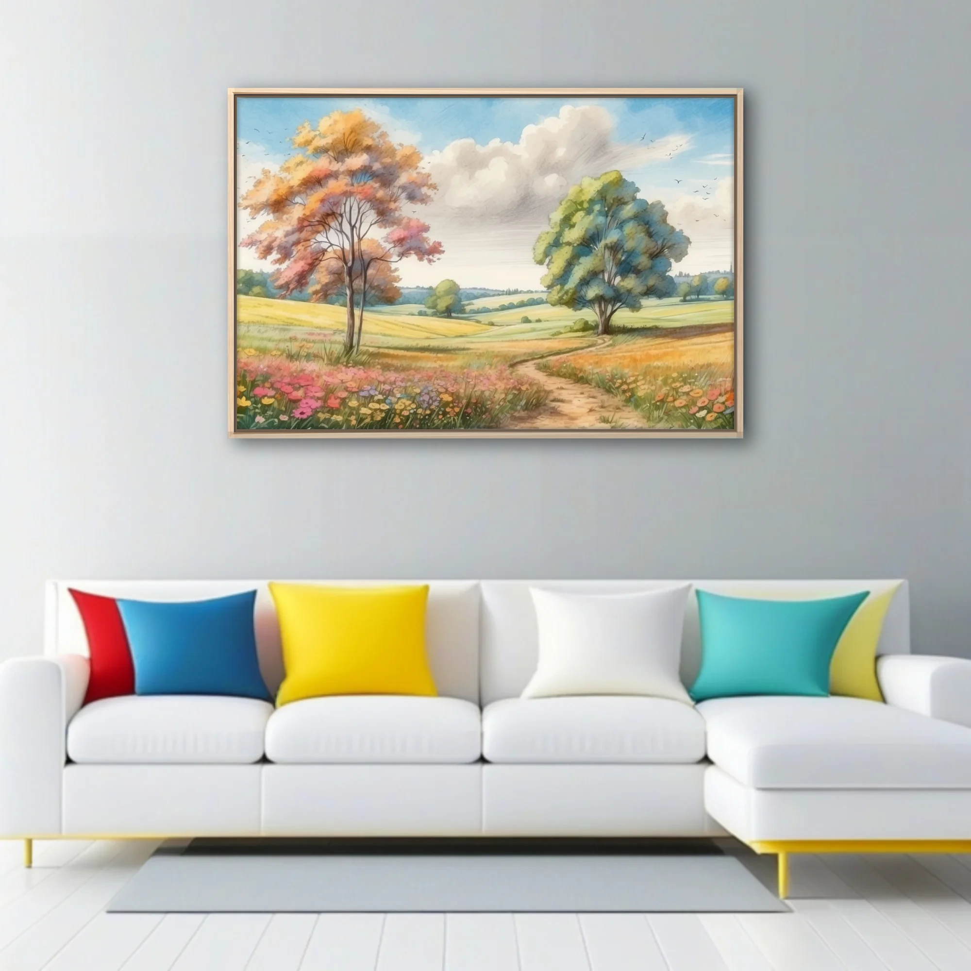 Watercolor-style countryside landscape with colorful trees, wildflowers, and winding path