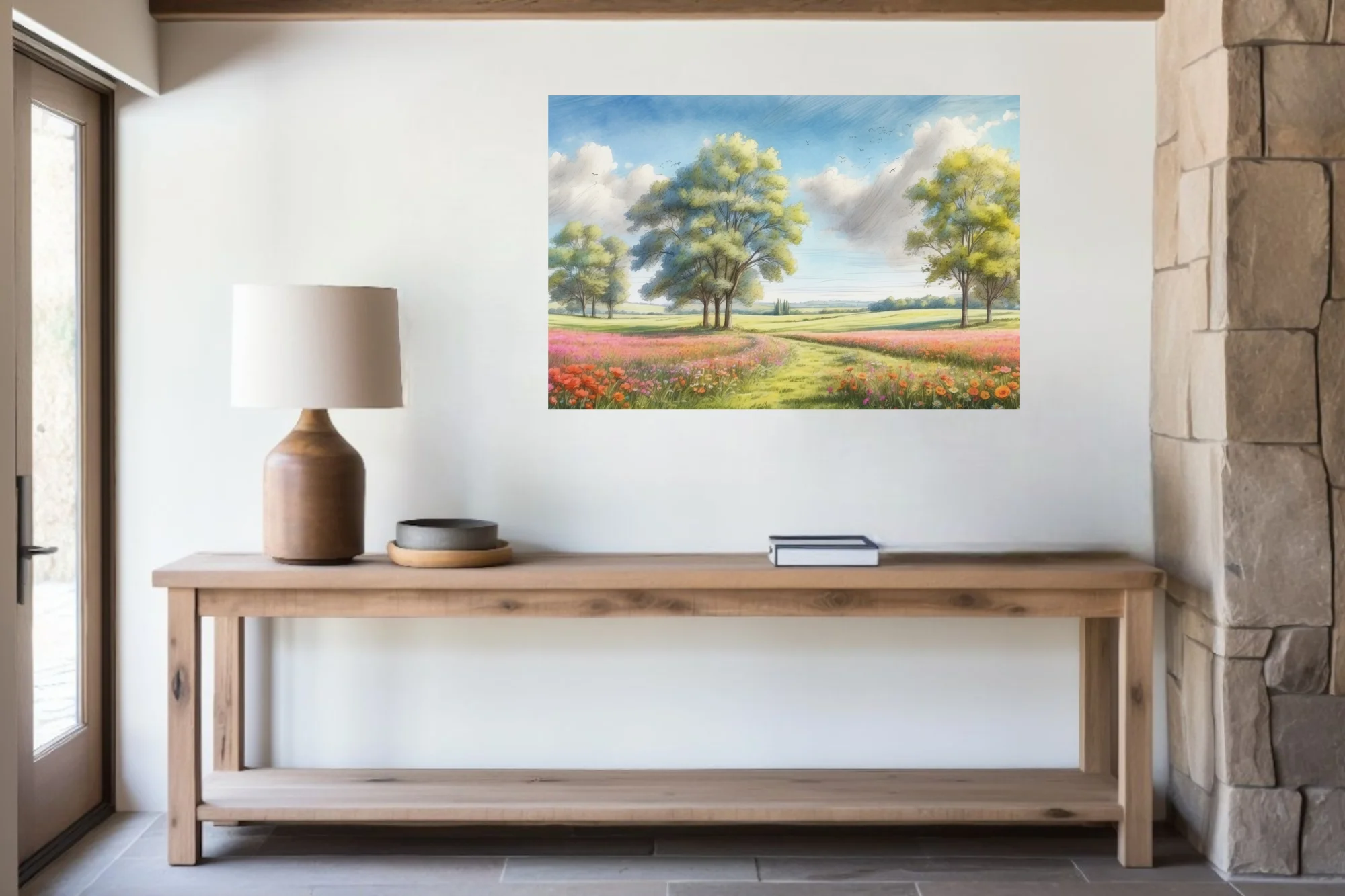 Watercolor-style pastoral meadow with wildflowers, trees, and cloudy blue sky