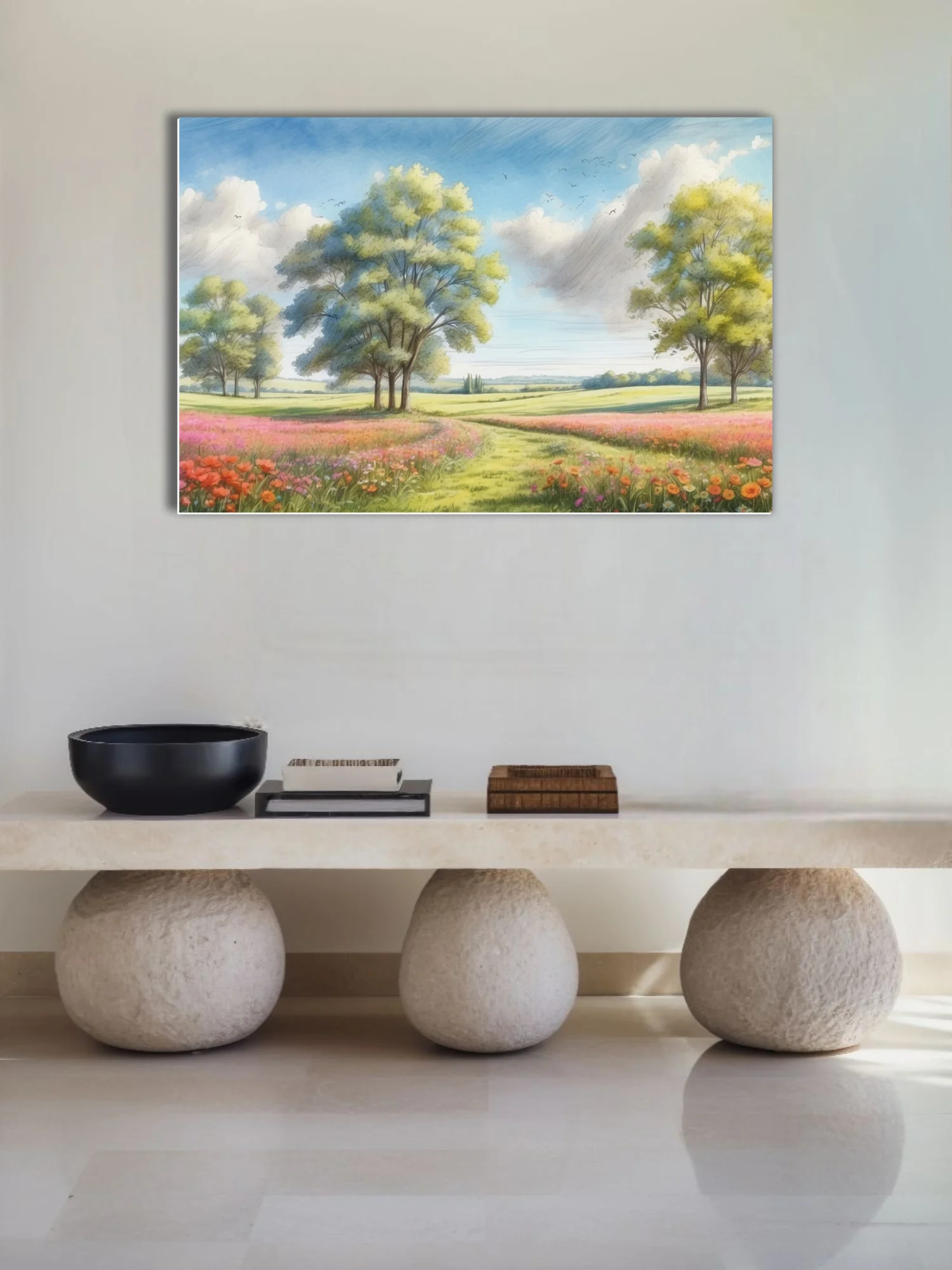 Watercolor-style pastoral meadow with wildflowers, trees, and cloudy blue sky