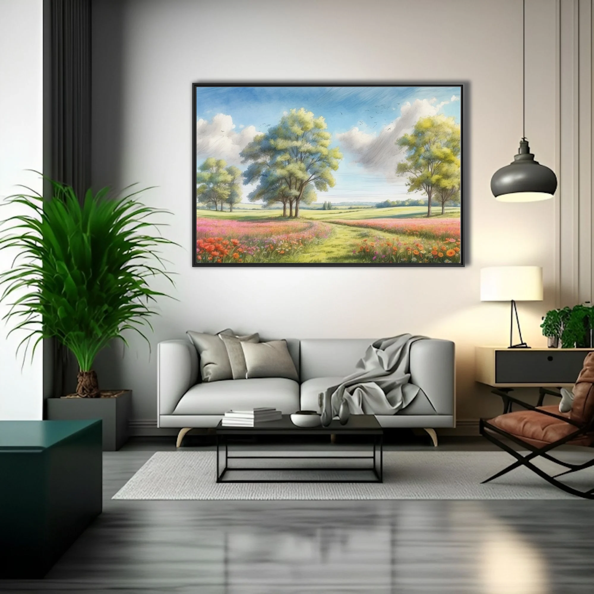 Watercolor-style pastoral meadow with wildflowers, trees, and cloudy blue sky