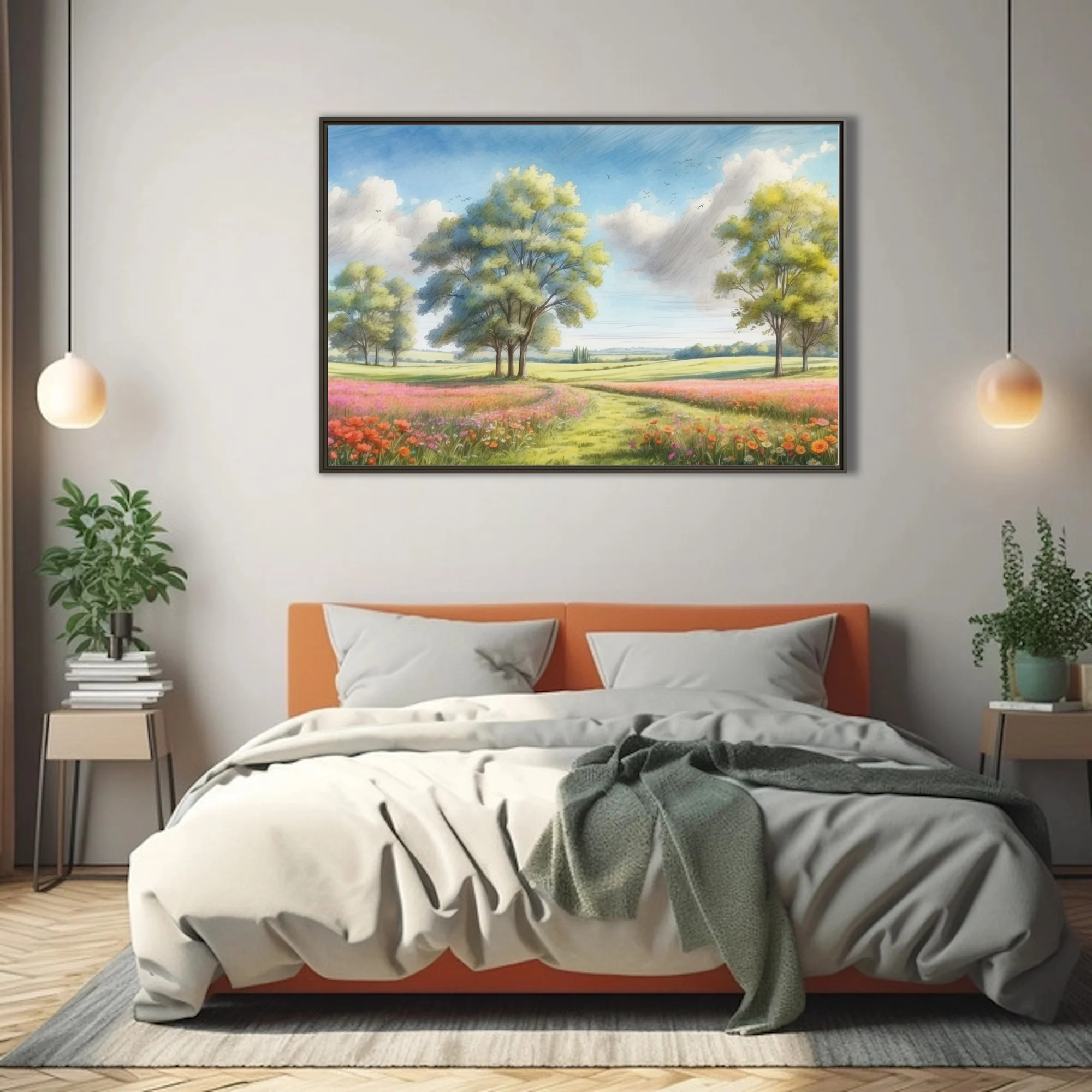 Watercolor-style pastoral meadow with wildflowers, trees, and cloudy blue sky