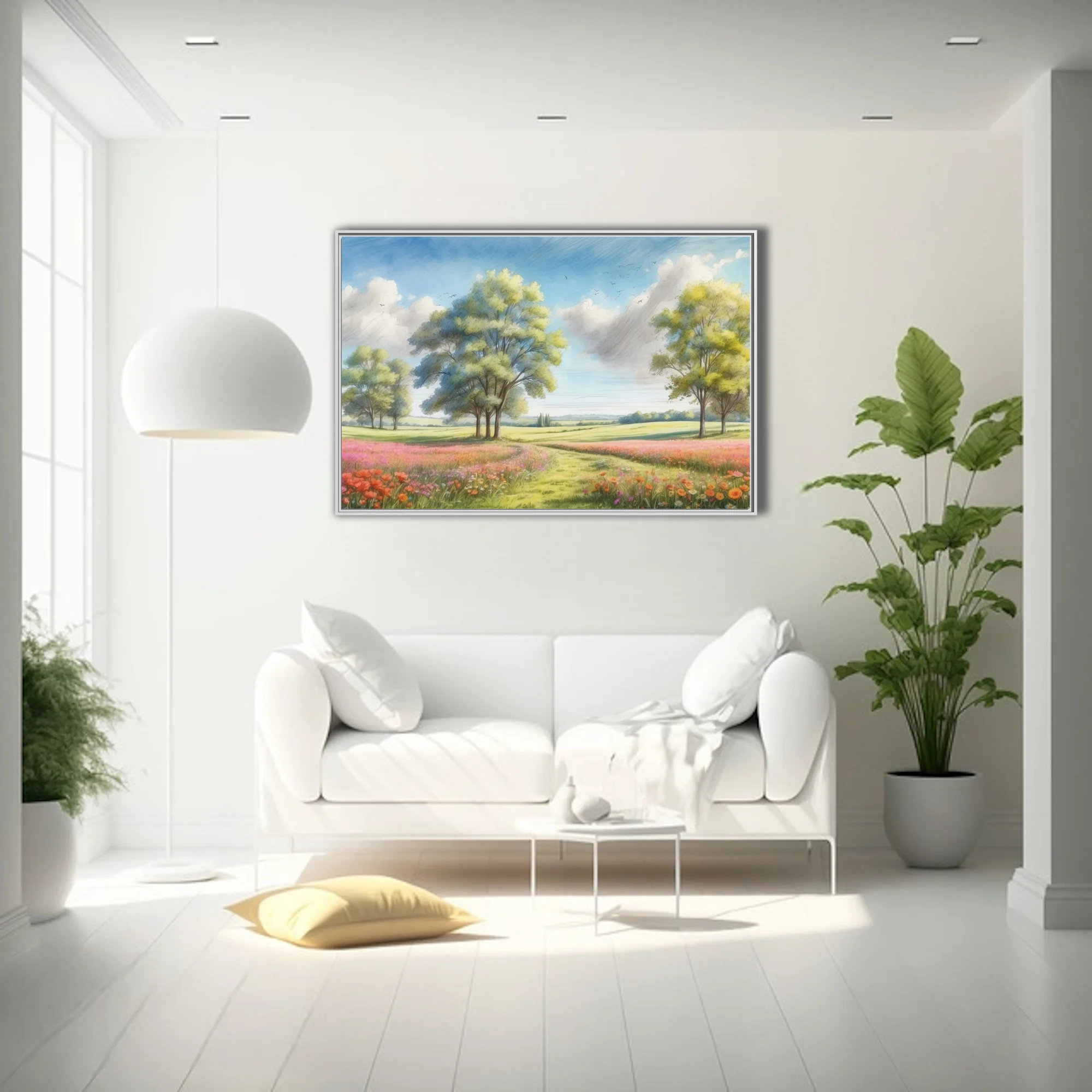 Watercolor-style pastoral meadow with wildflowers, trees, and cloudy blue sky