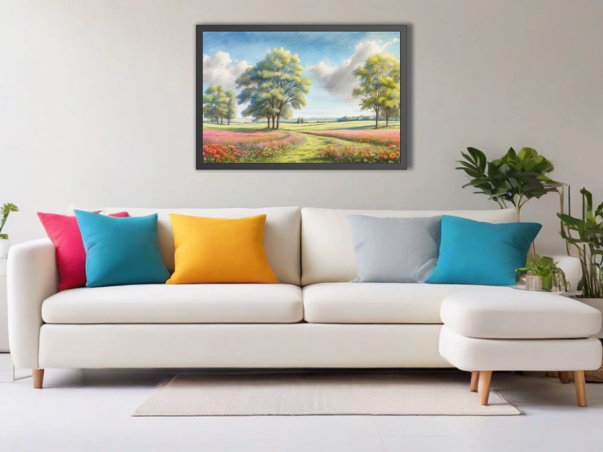 Watercolor-style pastoral meadow with wildflowers, trees, and cloudy blue sky