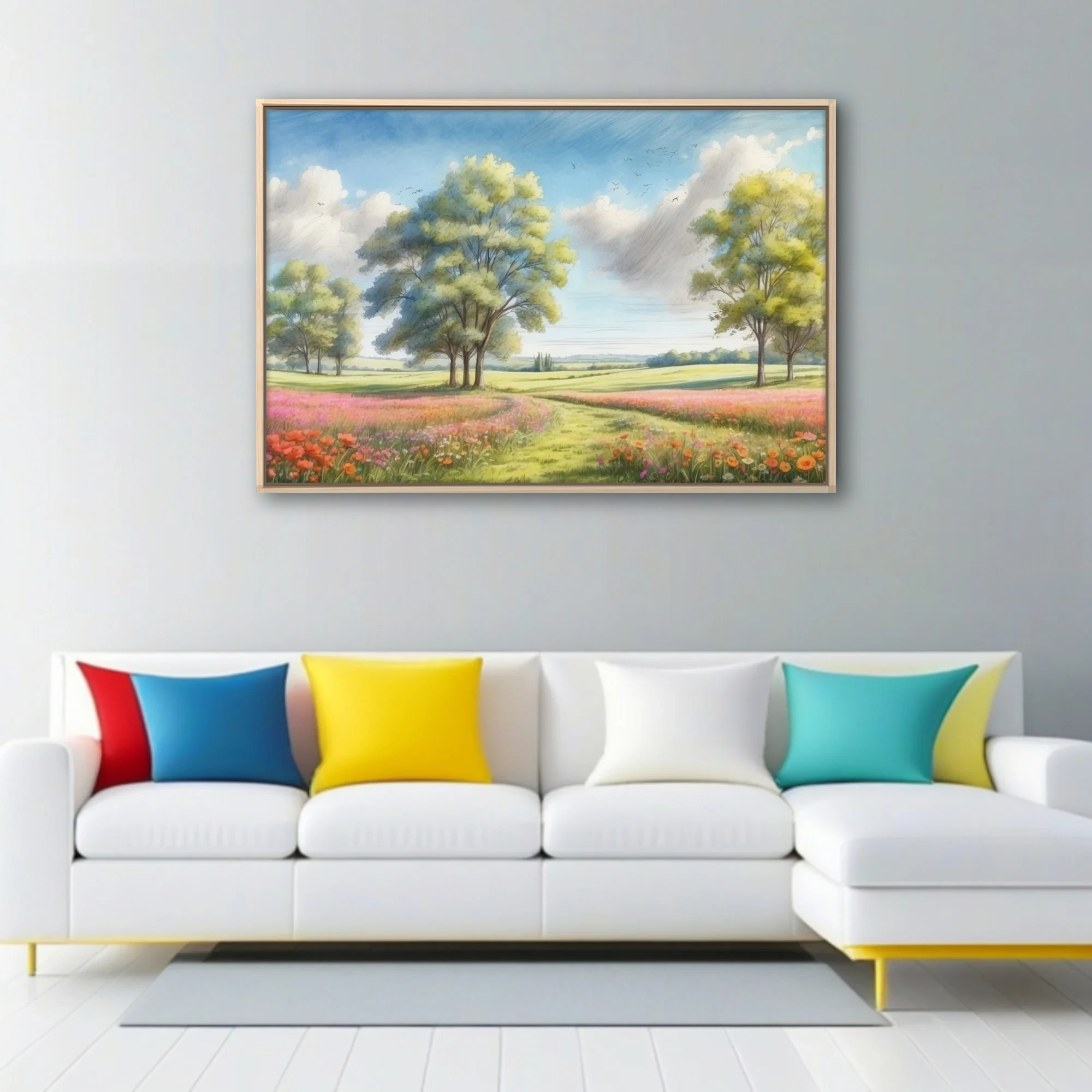 Watercolor-style pastoral meadow with wildflowers, trees, and cloudy blue sky