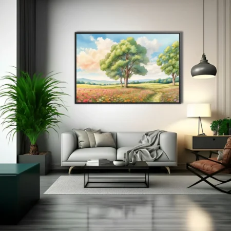 Watercolor-style countryside landscape with leafy trees, wildflower meadow, and soft pastel sky.