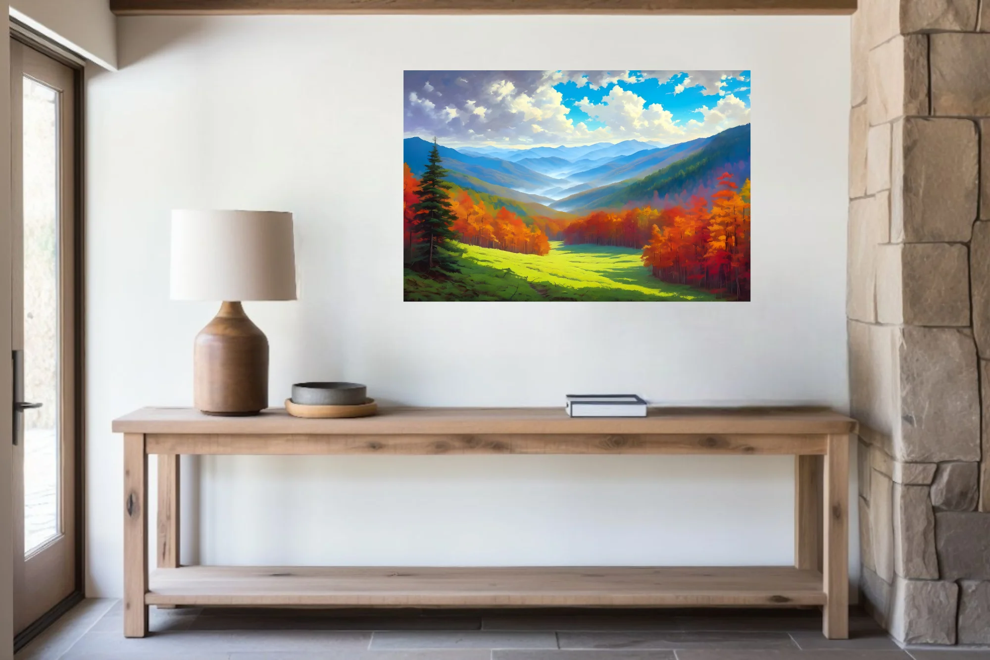 Stylized autumn mountain valley landscape with fiery foliage, misty blue ridges and bright cloud-filled sky