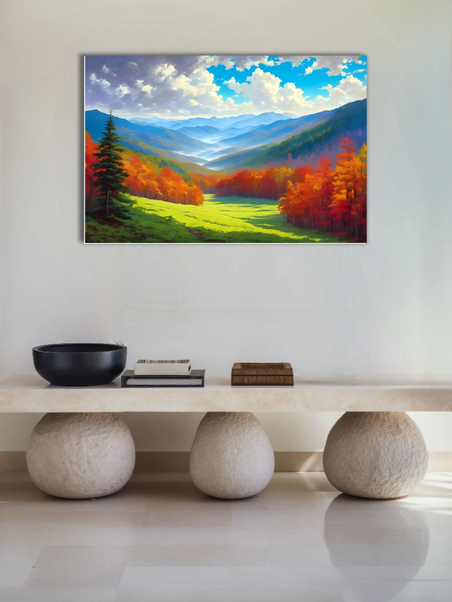 Stylized autumn mountain valley landscape with fiery foliage, misty blue ridges and bright cloud-filled sky