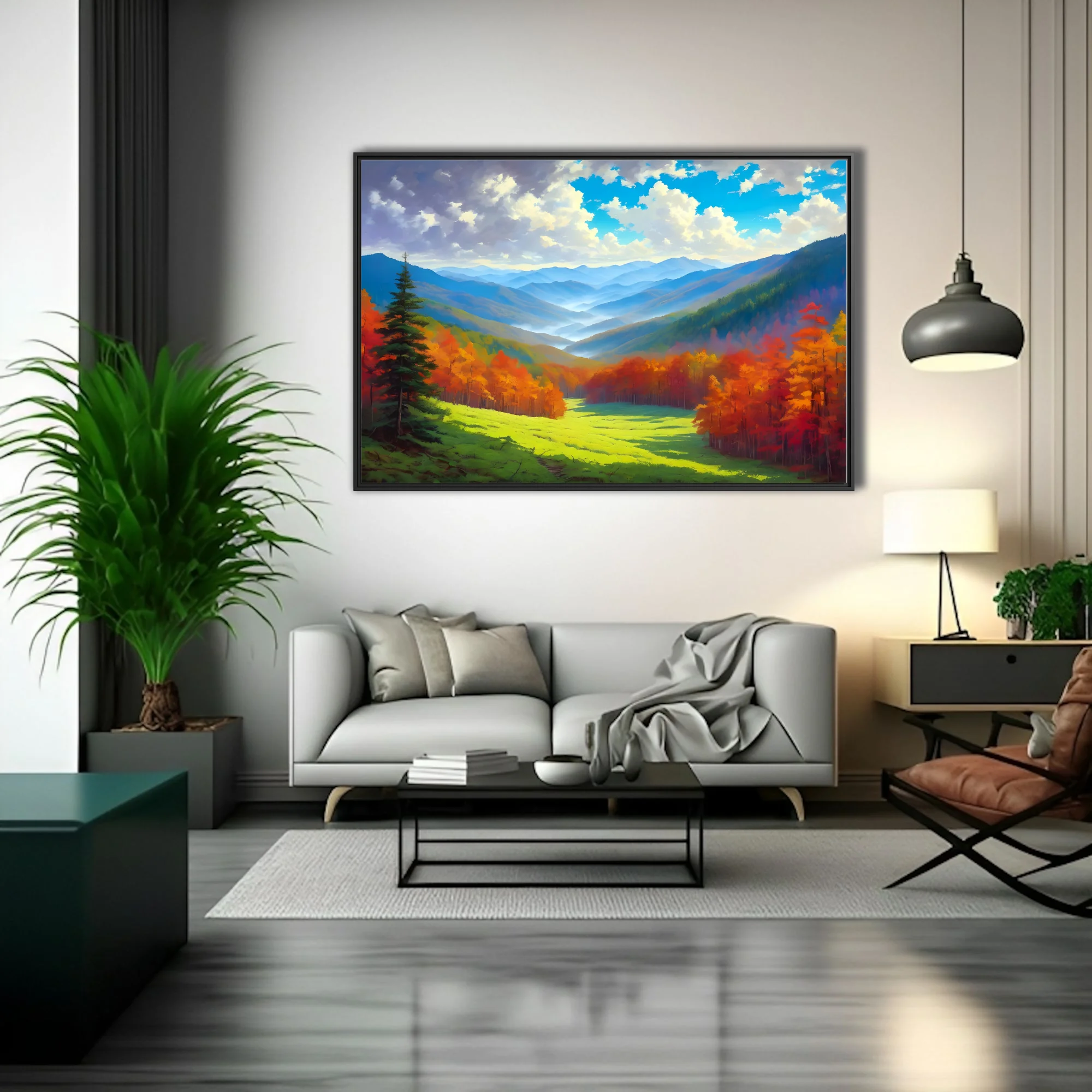 Stylized autumn mountain valley landscape with fiery foliage, misty blue ridges and bright cloud-filled sky