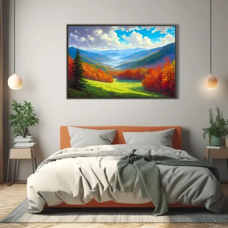 Stylized autumn mountain valley landscape with fiery foliage, misty blue ridges and bright cloud-filled sky