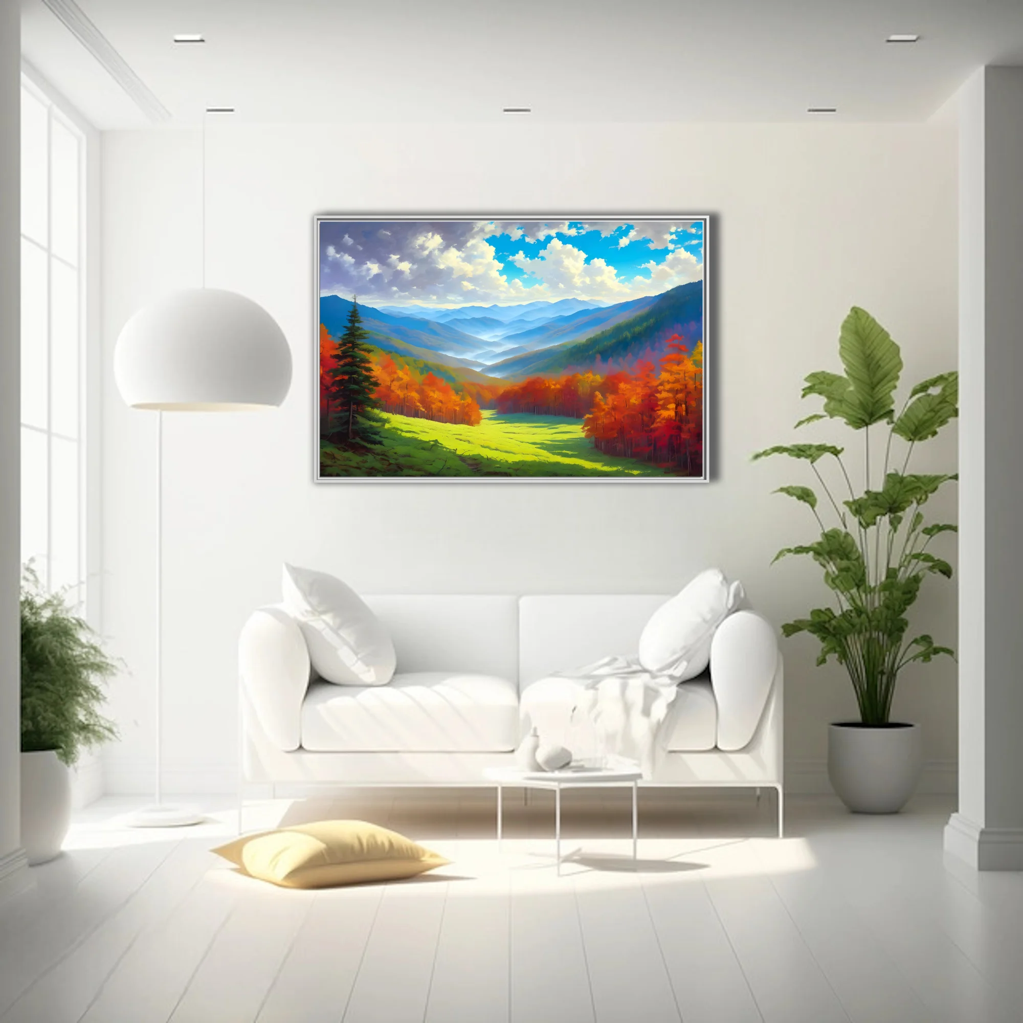 Stylized autumn mountain valley landscape with fiery foliage, misty blue ridges and bright cloud-filled sky