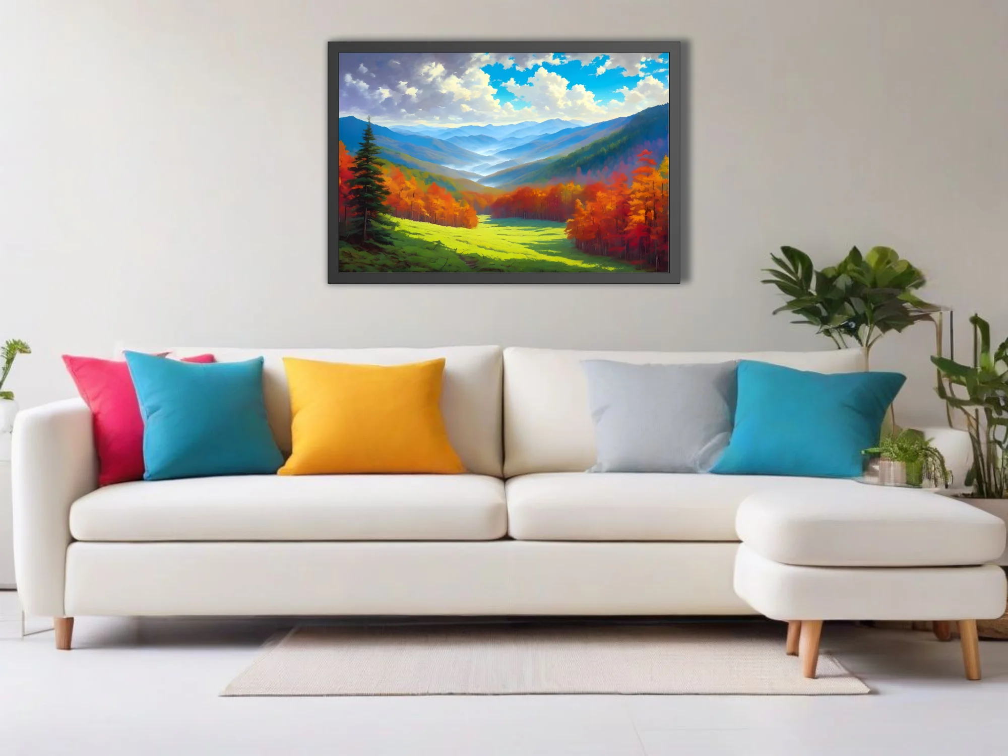 Stylized autumn mountain valley landscape with fiery foliage, misty blue ridges and bright cloud-filled sky