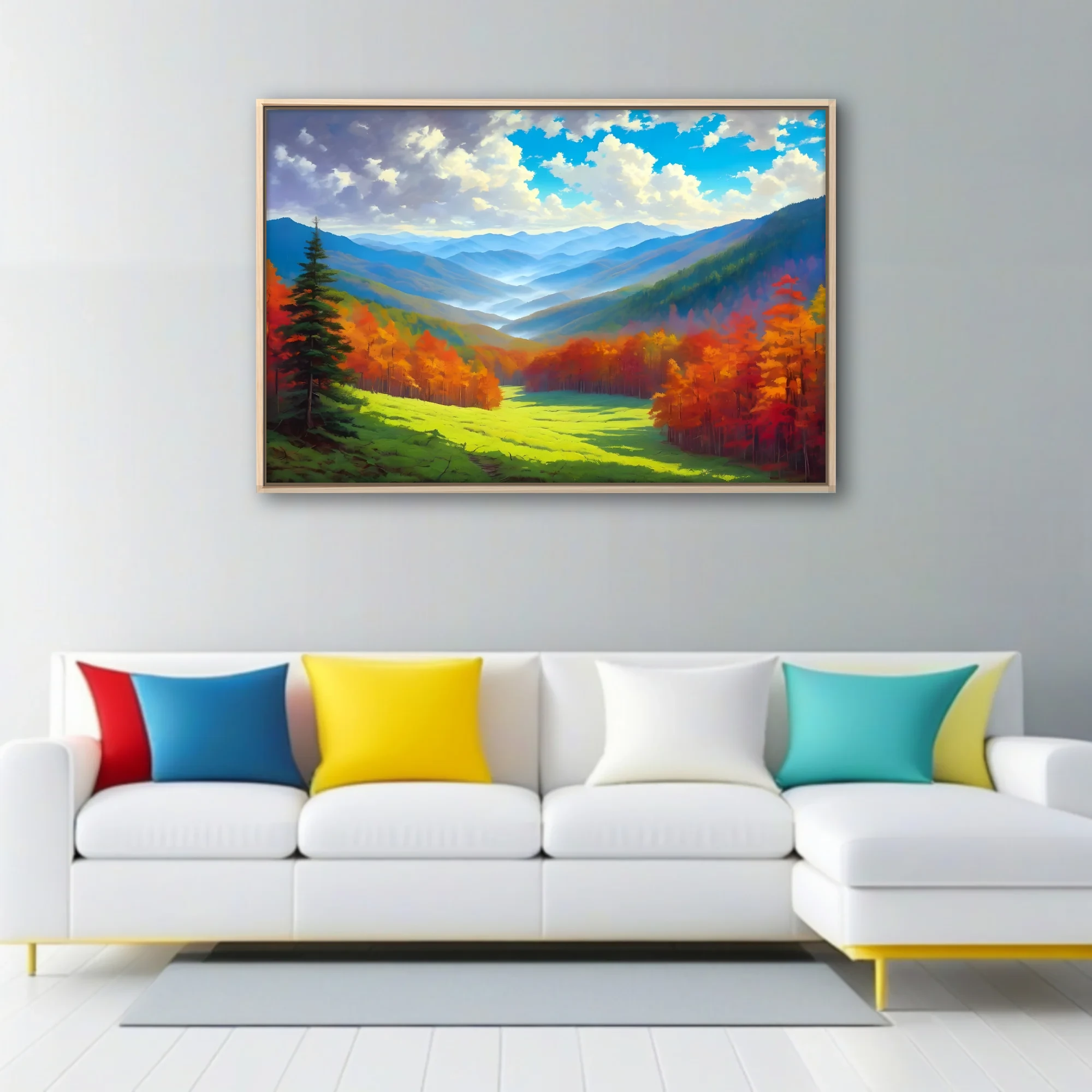 Stylized autumn mountain valley landscape with fiery foliage, misty blue ridges and bright cloud-filled sky