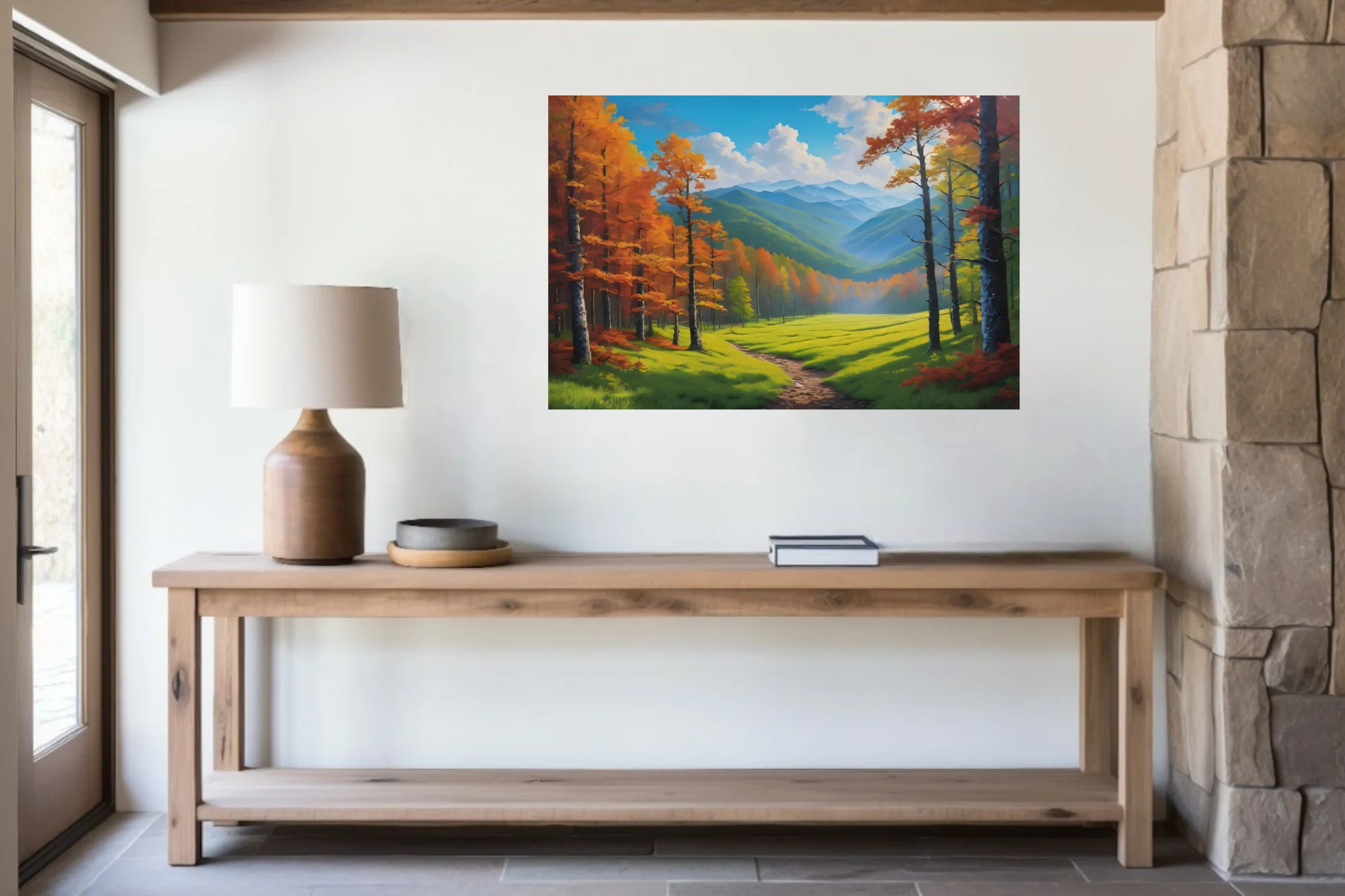 Autumn mountain valley landscape with blue ridges, fall foliage, meadow path, nature art