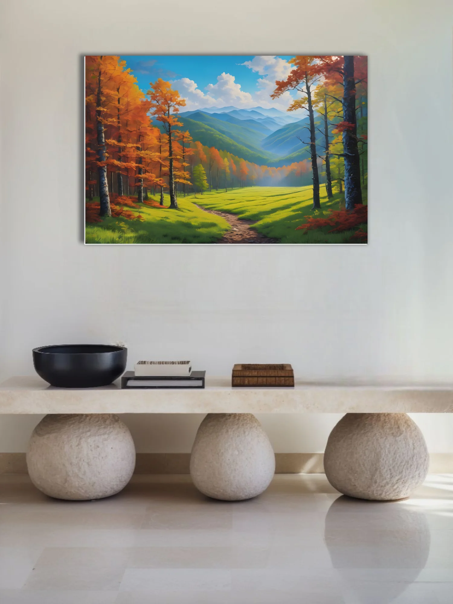 Autumn mountain valley landscape with blue ridges, fall foliage, meadow path, nature art